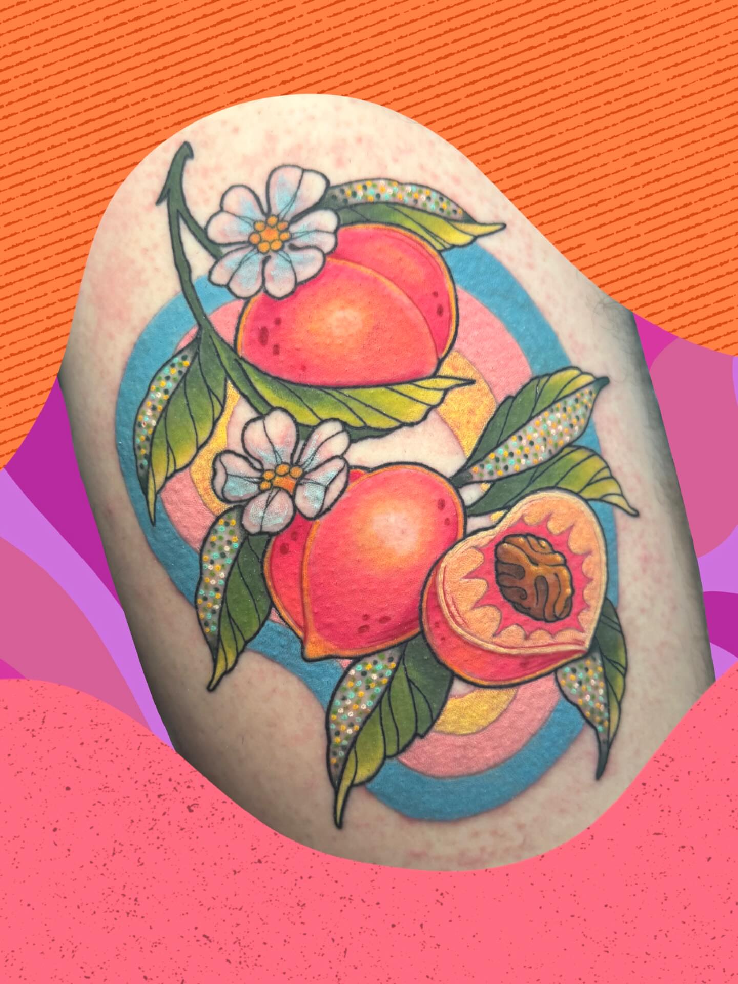 Peaches and flowers American traditional tattoo on the thigh by π. ππππ, San Francisco, California