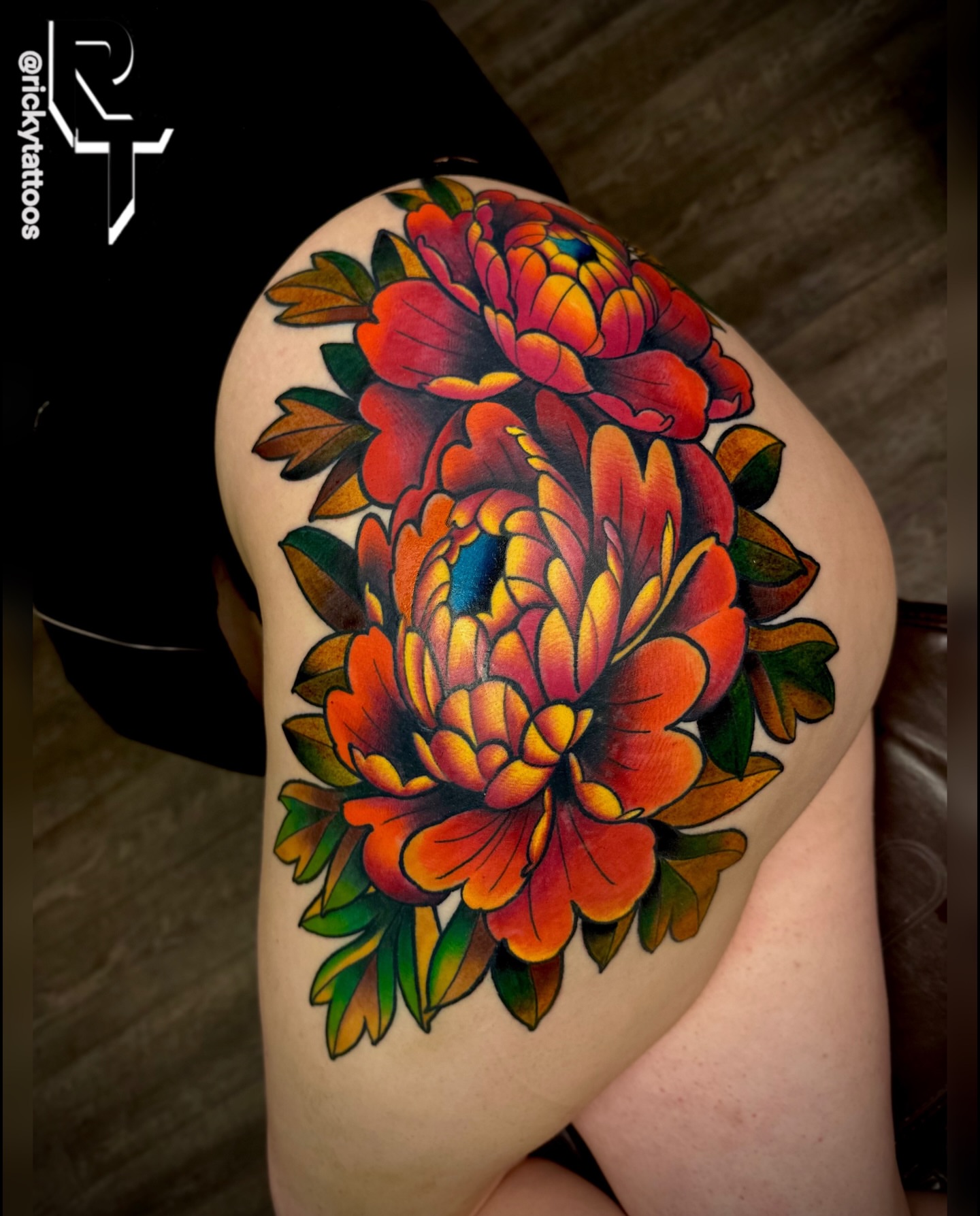 Peony flowers American traditional tattoo on the shoulder by Ricky Salinas Jr. π€, San Antonio, Texas
