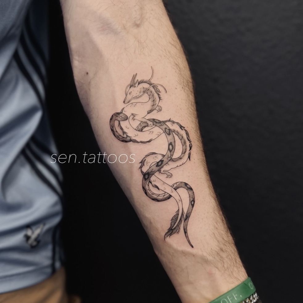 Dragon black and grey tattoo on the forearm by Sen Tattooer
