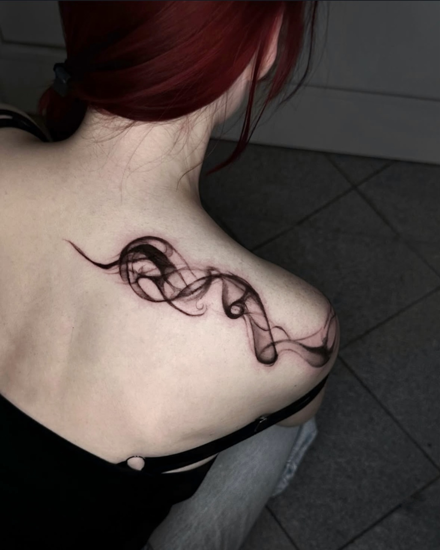 Abstract swirls black and grey tattoo on the shoulder by @ashencoil