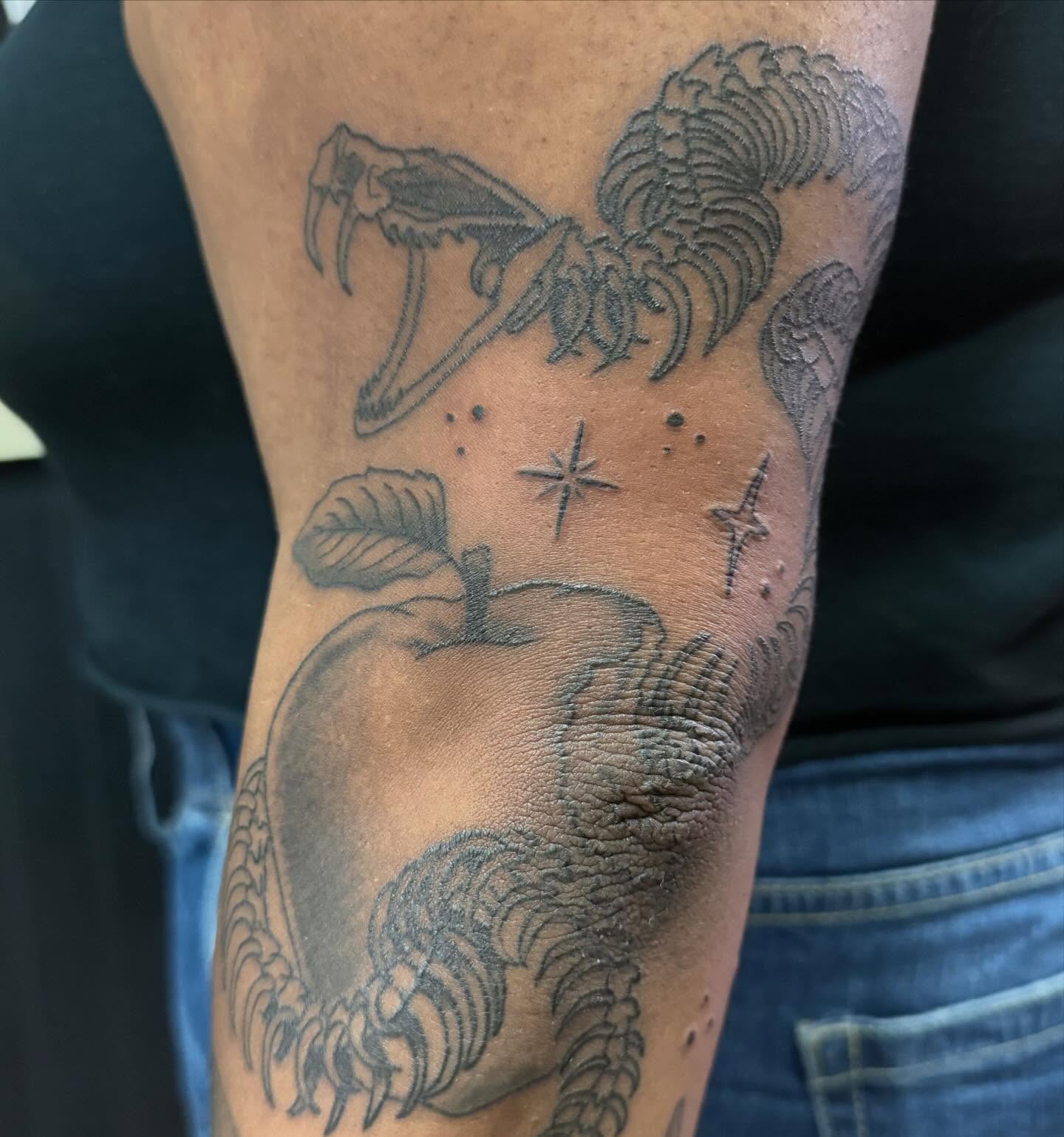 Apple with bird black and grey tattoo on the forearm by Liz Glitz - Philadelphia Tattoo Artist
