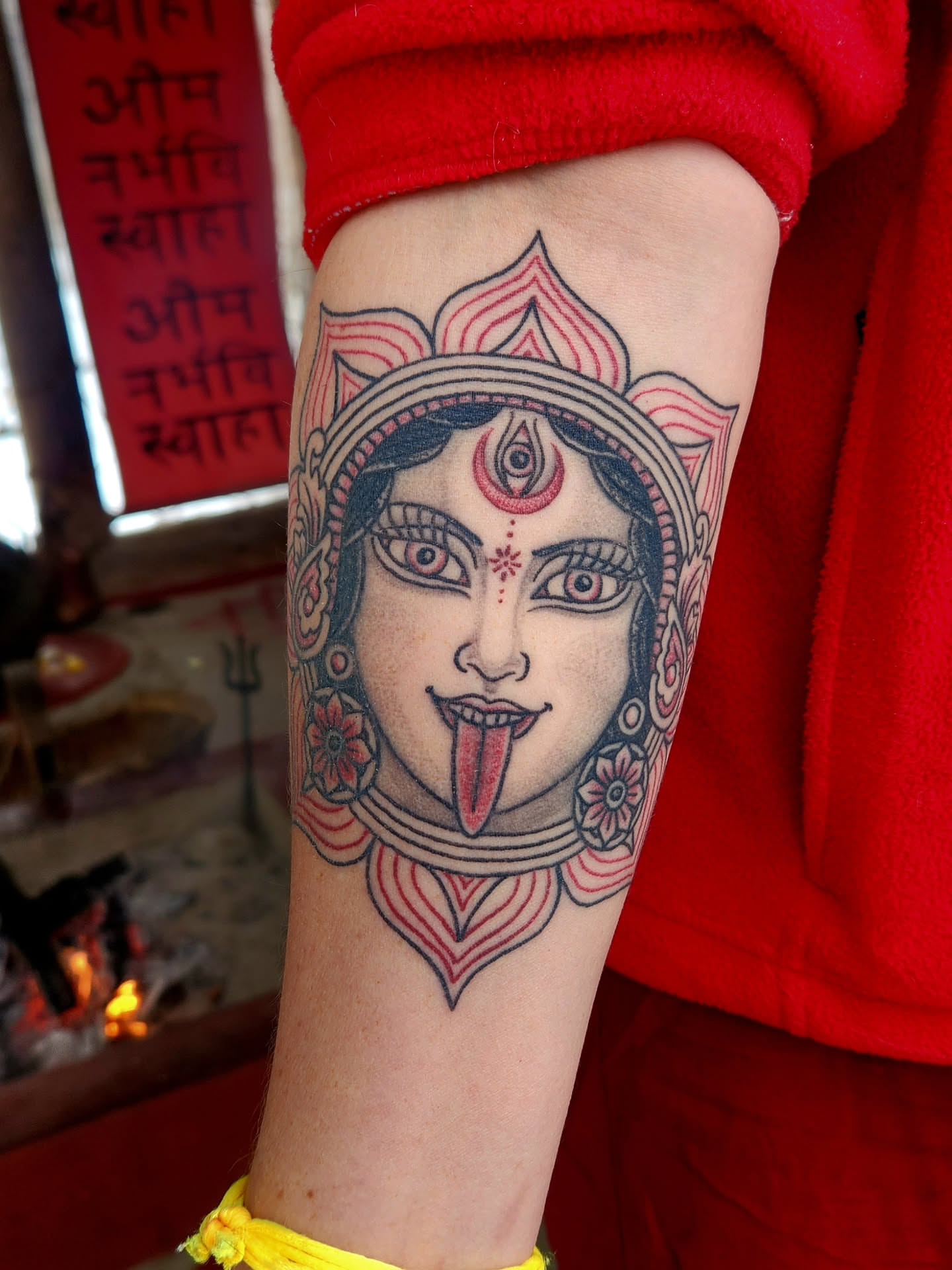 Durga neo-traditional tattoo on the forearm by Ravi Chandra, Mount Shasta, California
