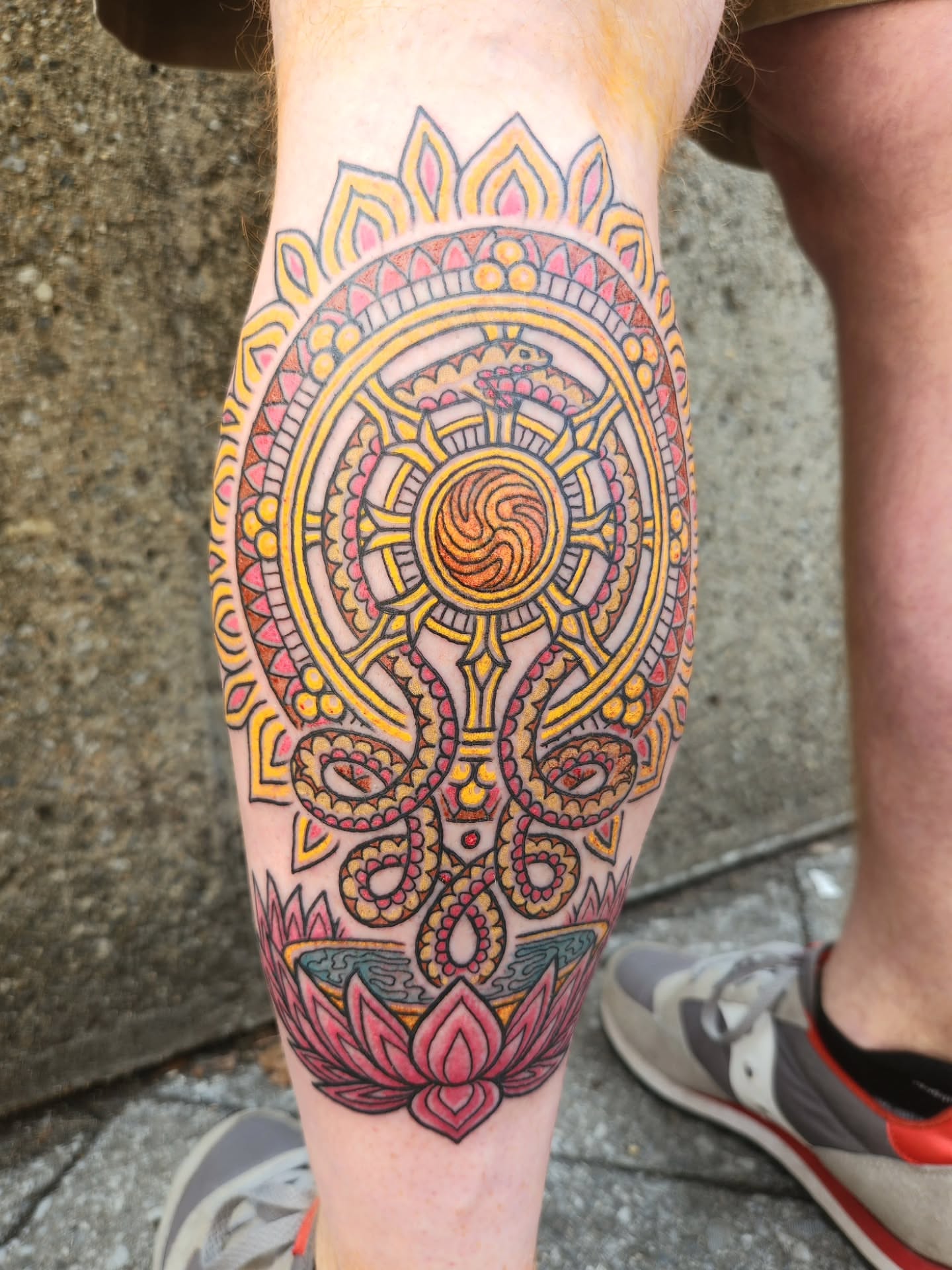 Mandala geometric tattoo on the calf by Ravi Chandra, Mount Shasta, California