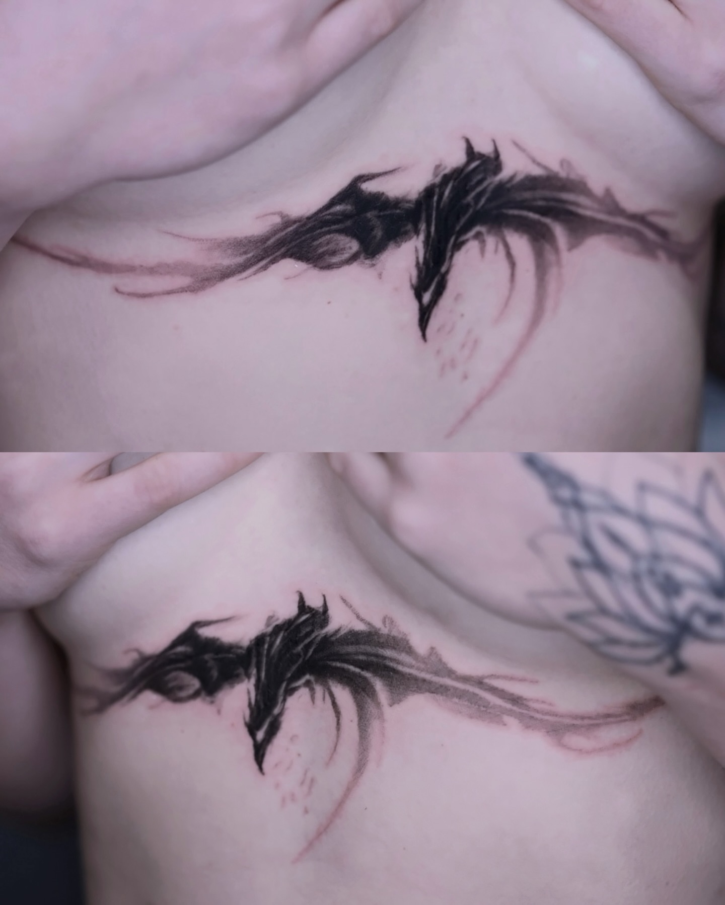 Bat black and grey tattoo on the chest by @ashencoil