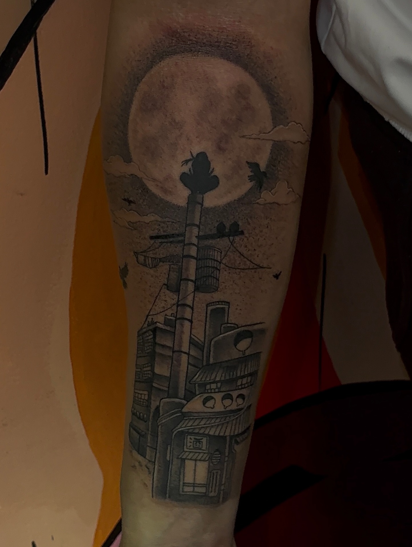 Cityscape with moon black and grey tattoo on the forearm by π©π΄π πππΎπβ― π―πΆππβ΄β΄ ππππΎππ