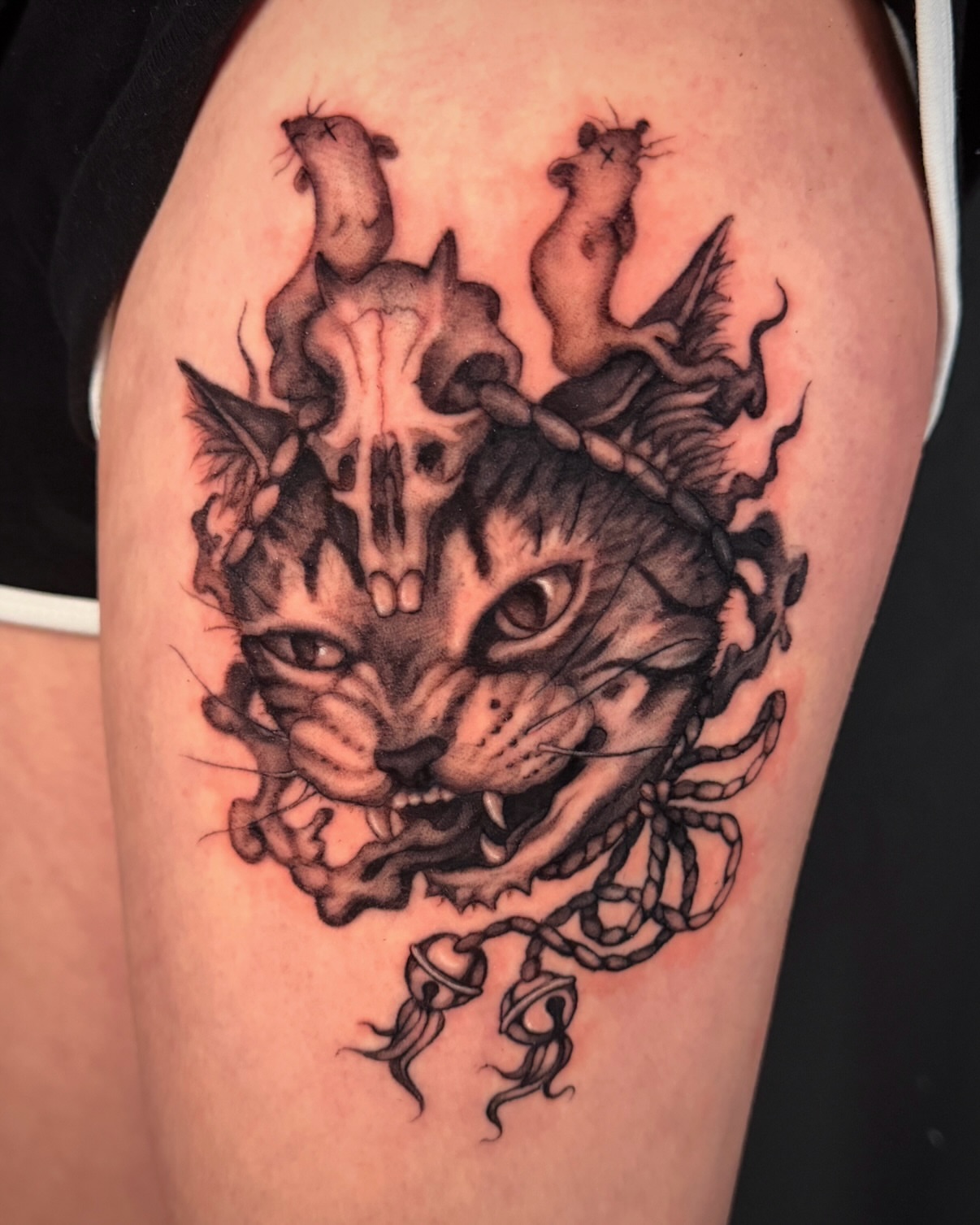 Cat with snakes realism tattoo on the thigh by ☆ Kelly ☆