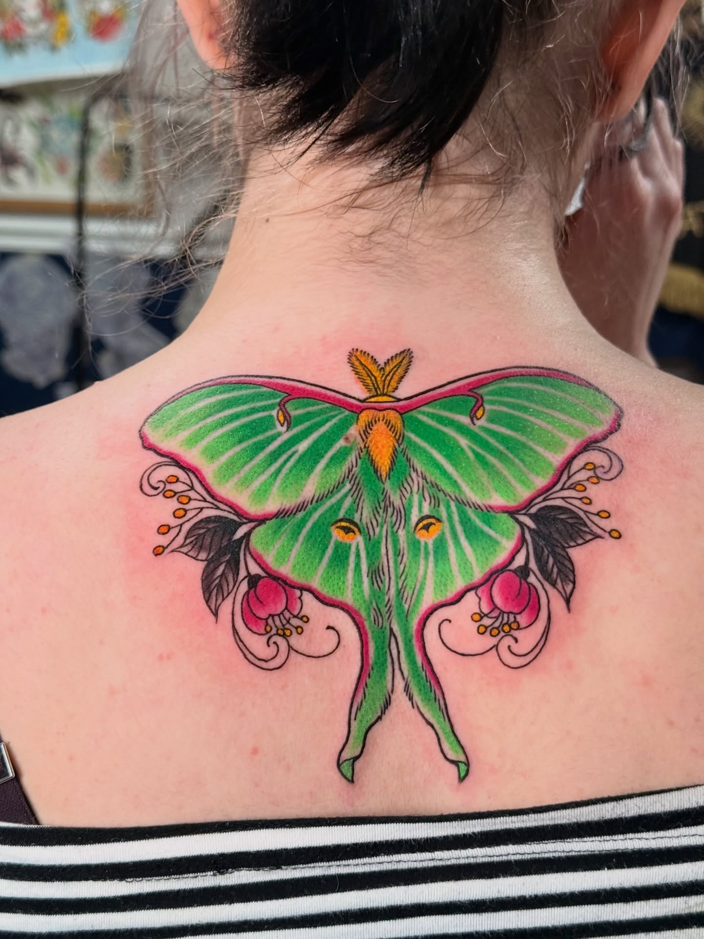 Moth new school tattoo on the back by Jhon