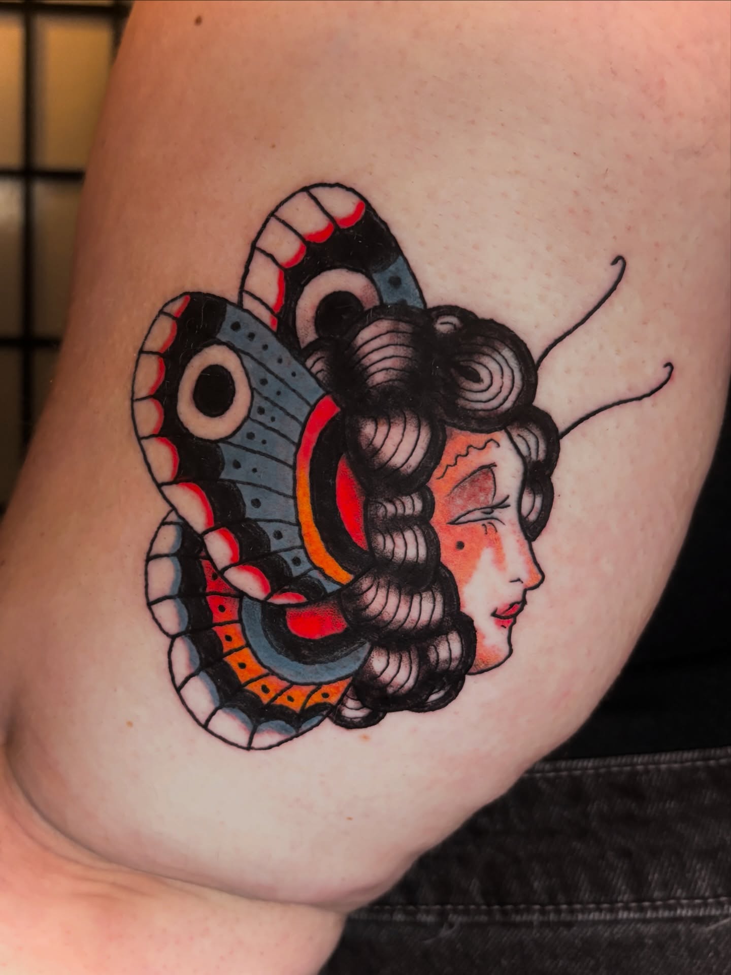 Butterfly woman dotwork tattoo on the shoulder by Lilly Evans