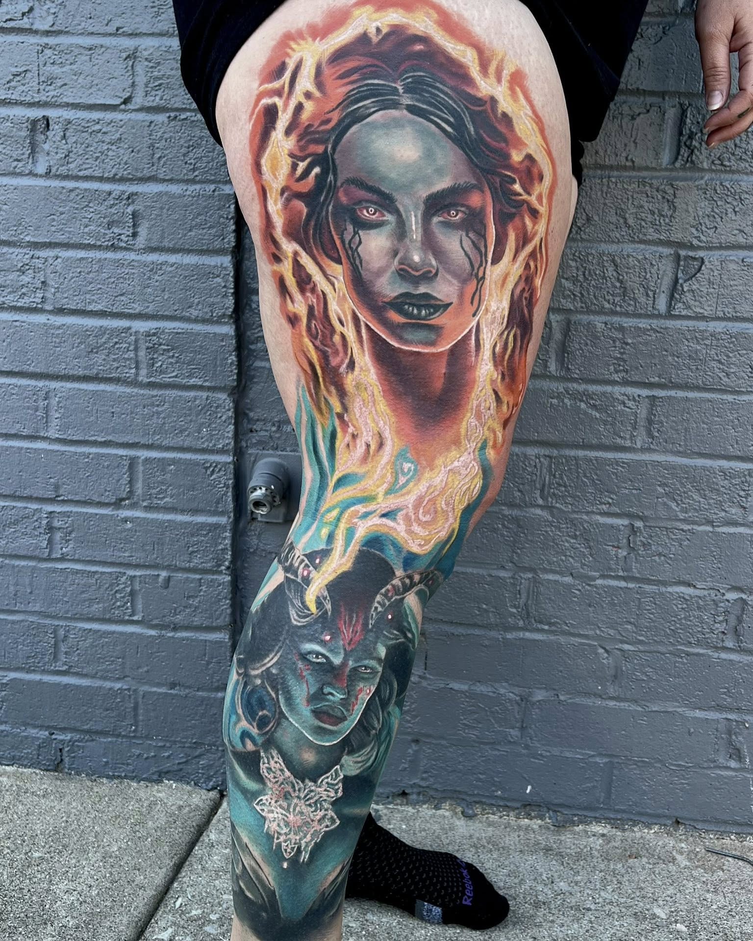 Flaming woman realism tattoo on the thigh by Corey Bailey, Stanton, Kentucky