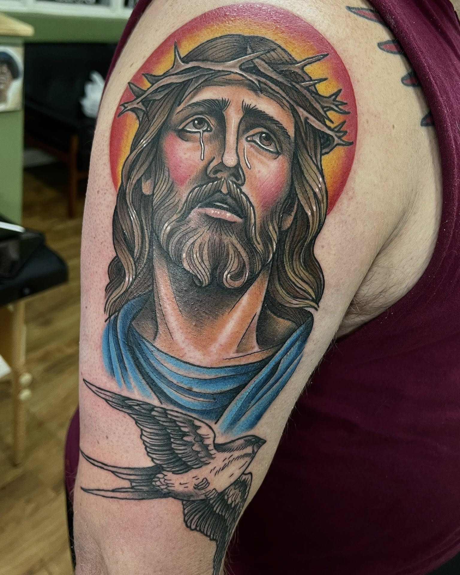 Jesus Christ realism tattoo on the shoulder by Corey Bailey, Stanton, Kentucky