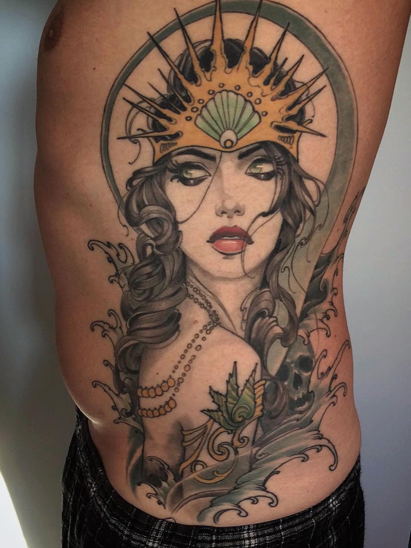 Mermaid American traditional tattoo on the thigh by Jeff Norton, Atascadero, California