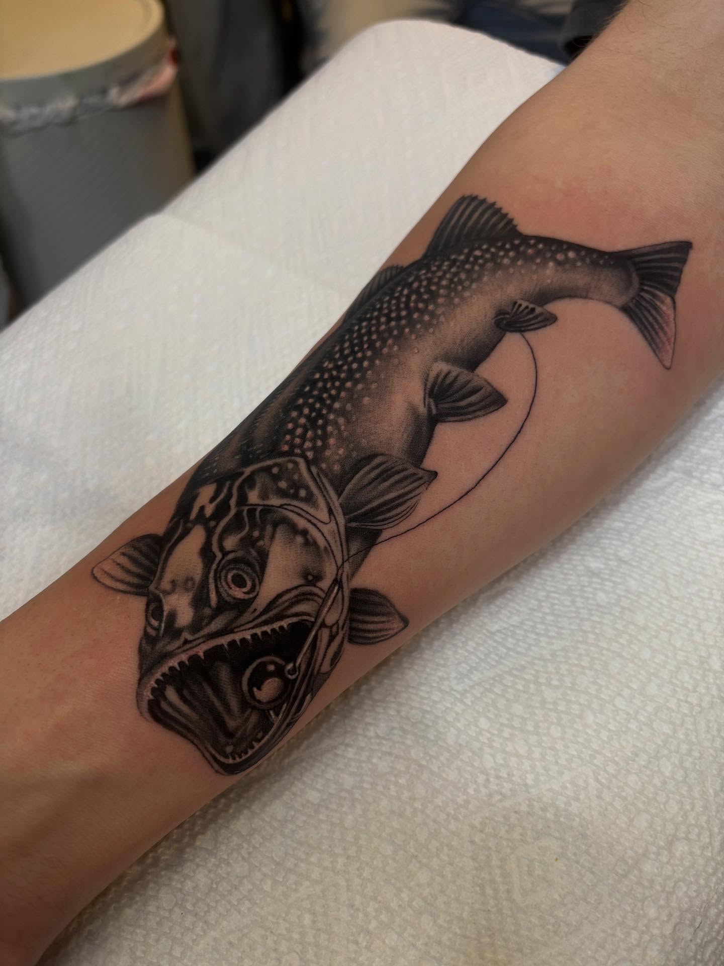 Salmon realism tattoo on the forearm by š¤Madeline Kristenš¤, Somerset, Wisconsin