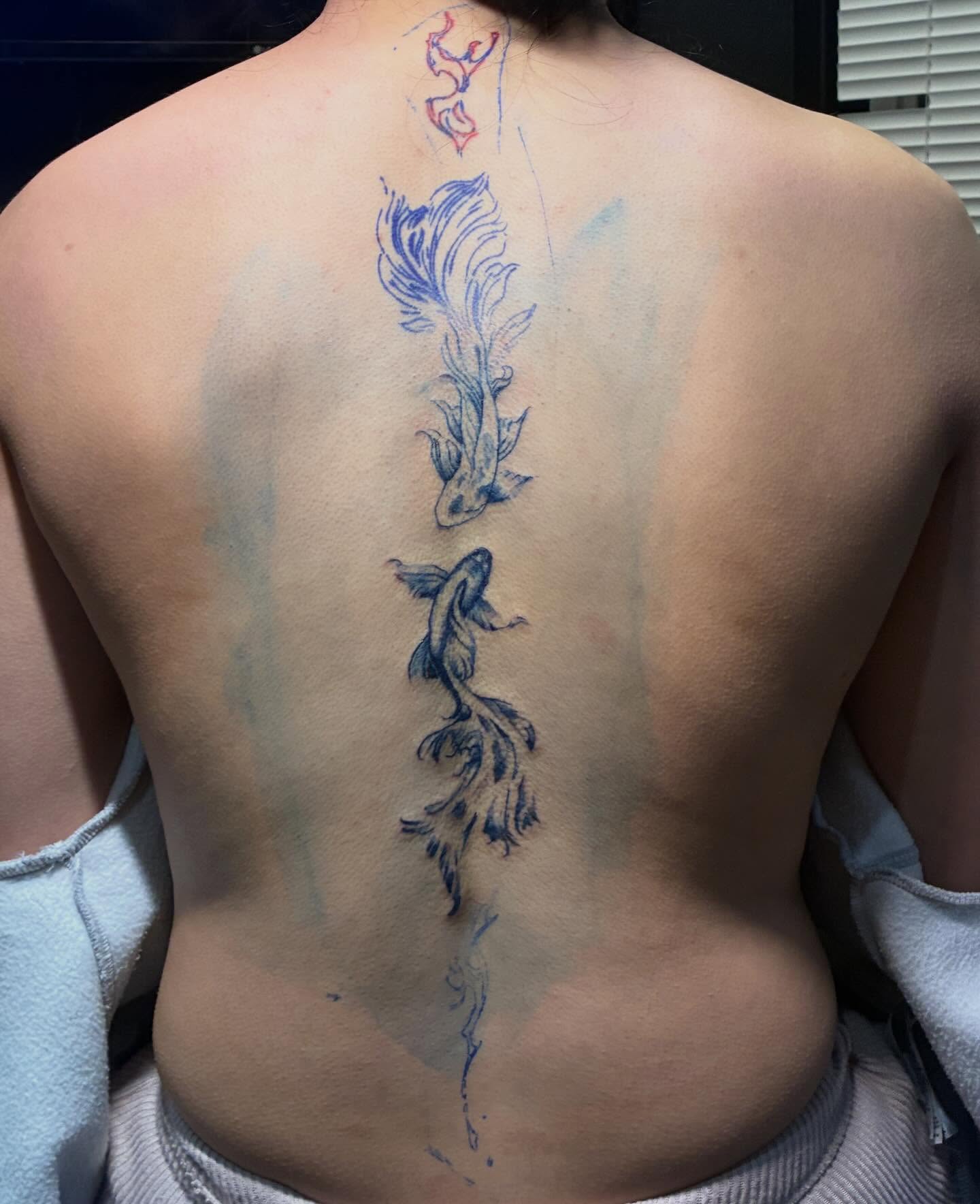 Koi fish black and grey tattoo on the back by Ink’d by Reina 🖤, Colorado Springs, Colorado