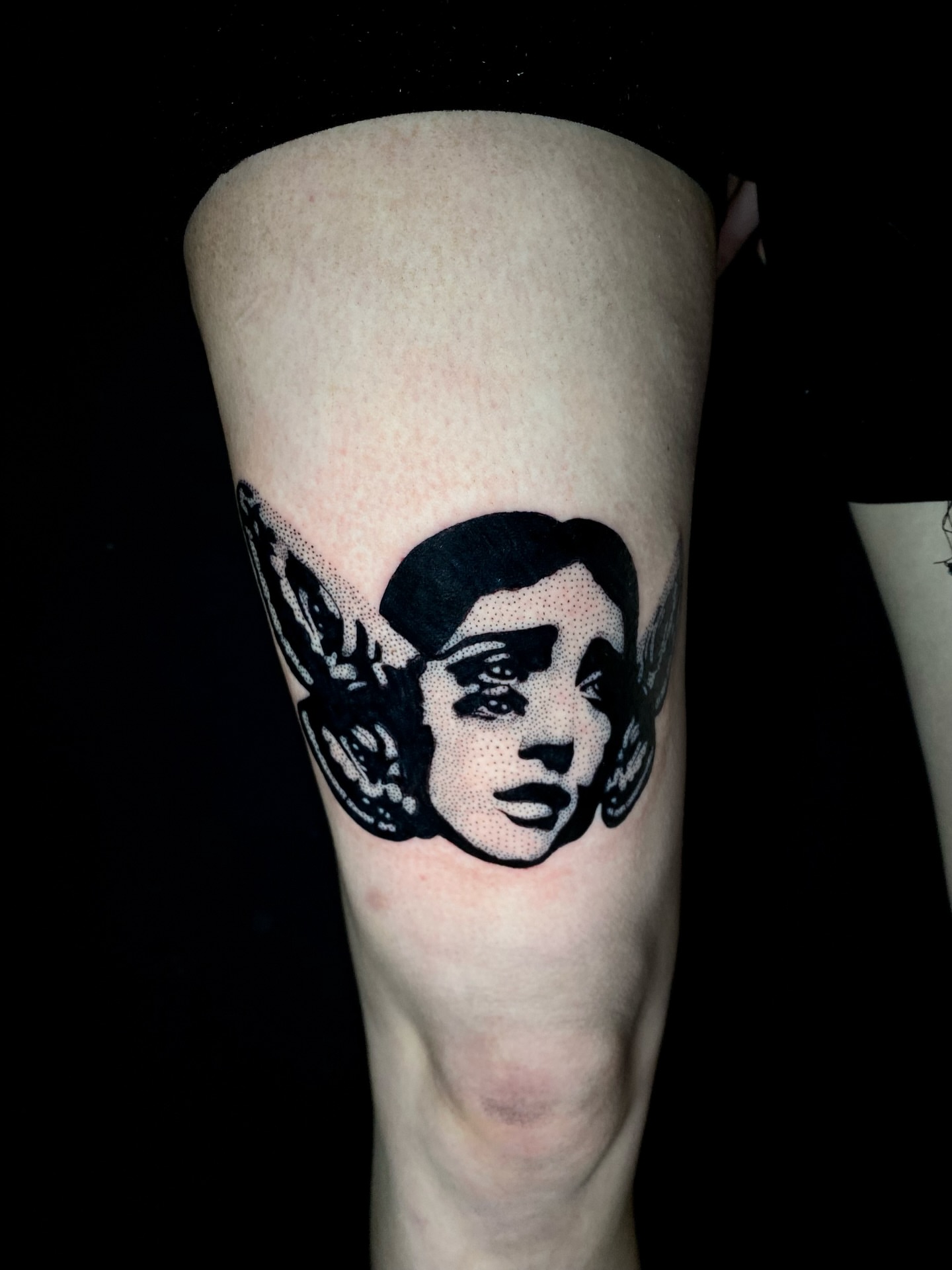 Woman's face dotwork tattoo on the forearm by Cherry Jane 🍒