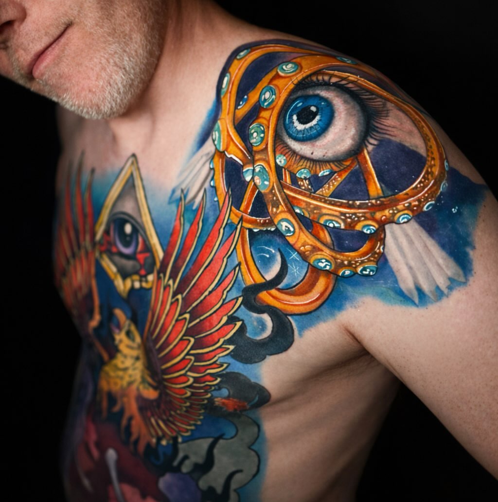 Eye and octopus tentacle dotwork tattoo on the chest by Shake_tatts