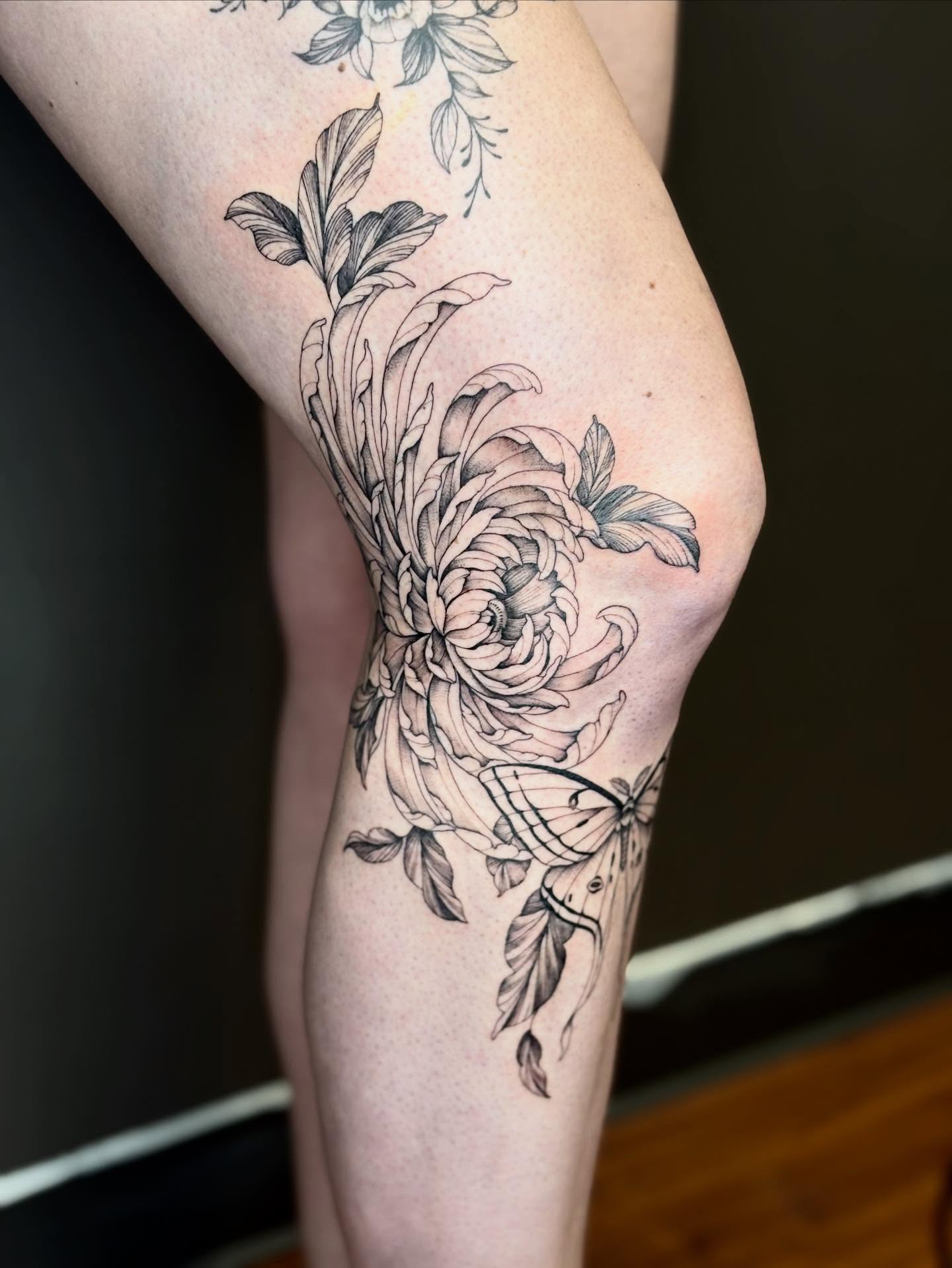 Chrysanthemum and butterfly black and grey tattoo on the forearm by 🖤Sidney🖤
