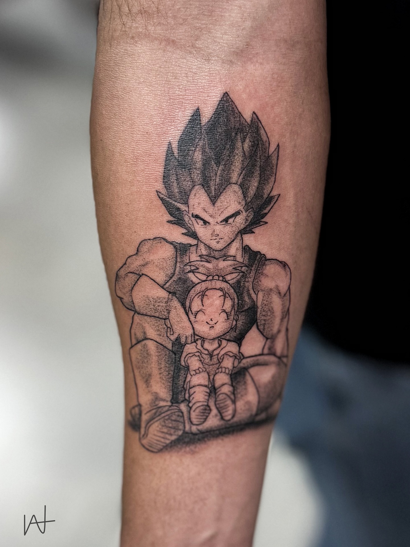 Vegeta and goku dotwork tattoo on the forearm by Kat Parmu