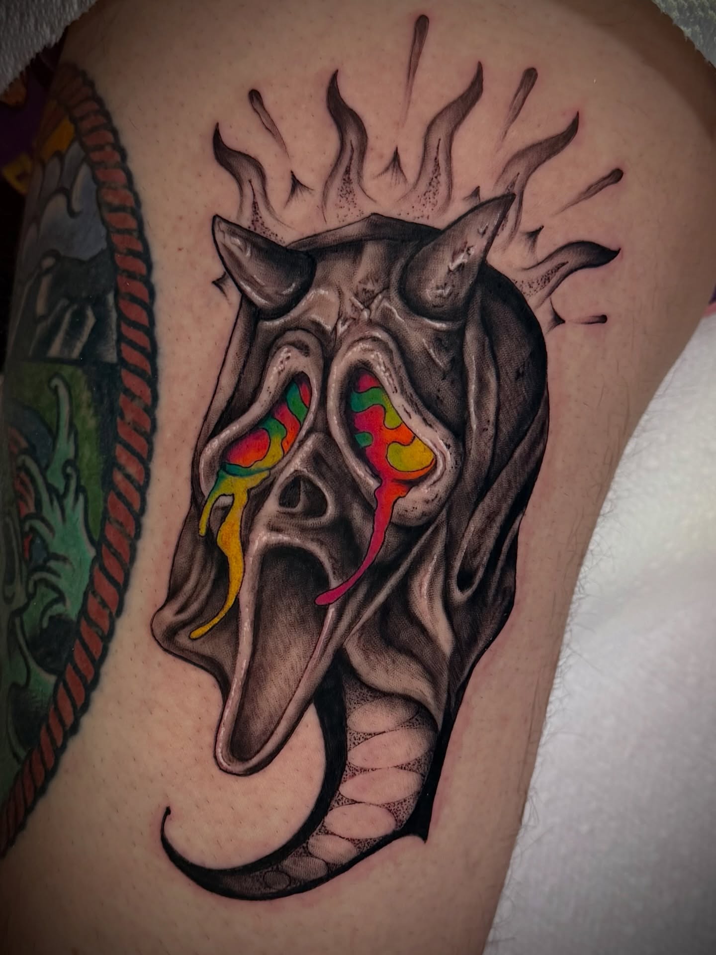 Demon skull dark realism tattoo on the thigh by ✨Jen Lochbihler✨, Dickson, Tennessee