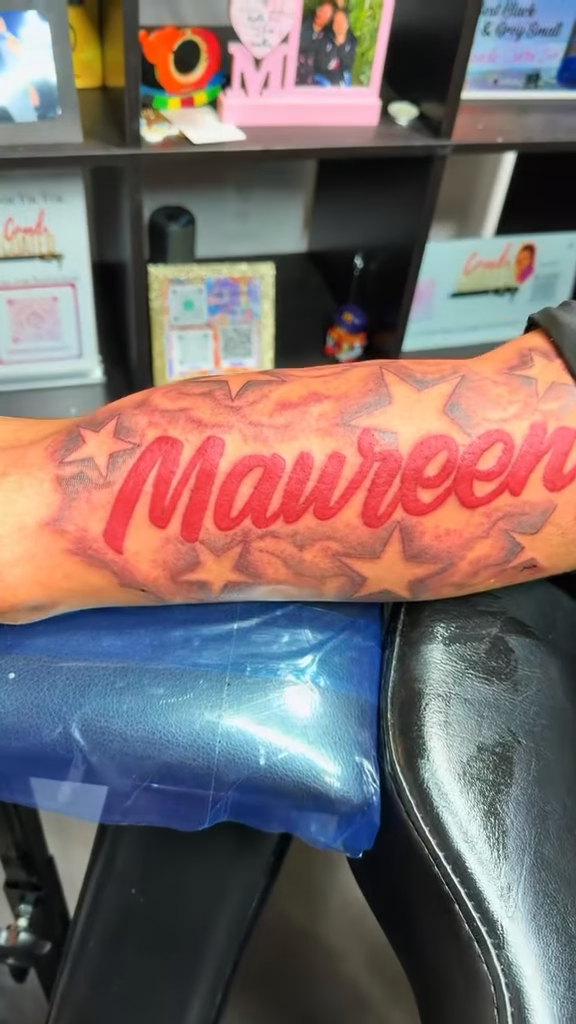 Maureen lettering script tattoo by CandiCoatedInk