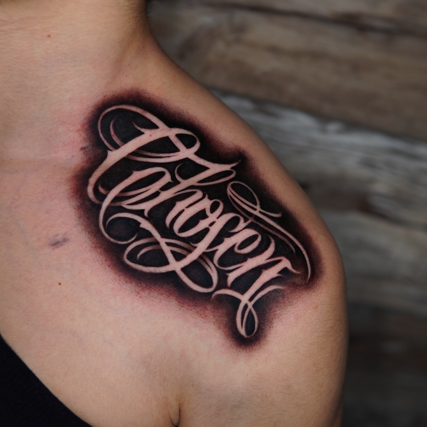Chosen lettering script tattoo on the chest by Atlanta Tattoo Artist, Atlanta, Georgia