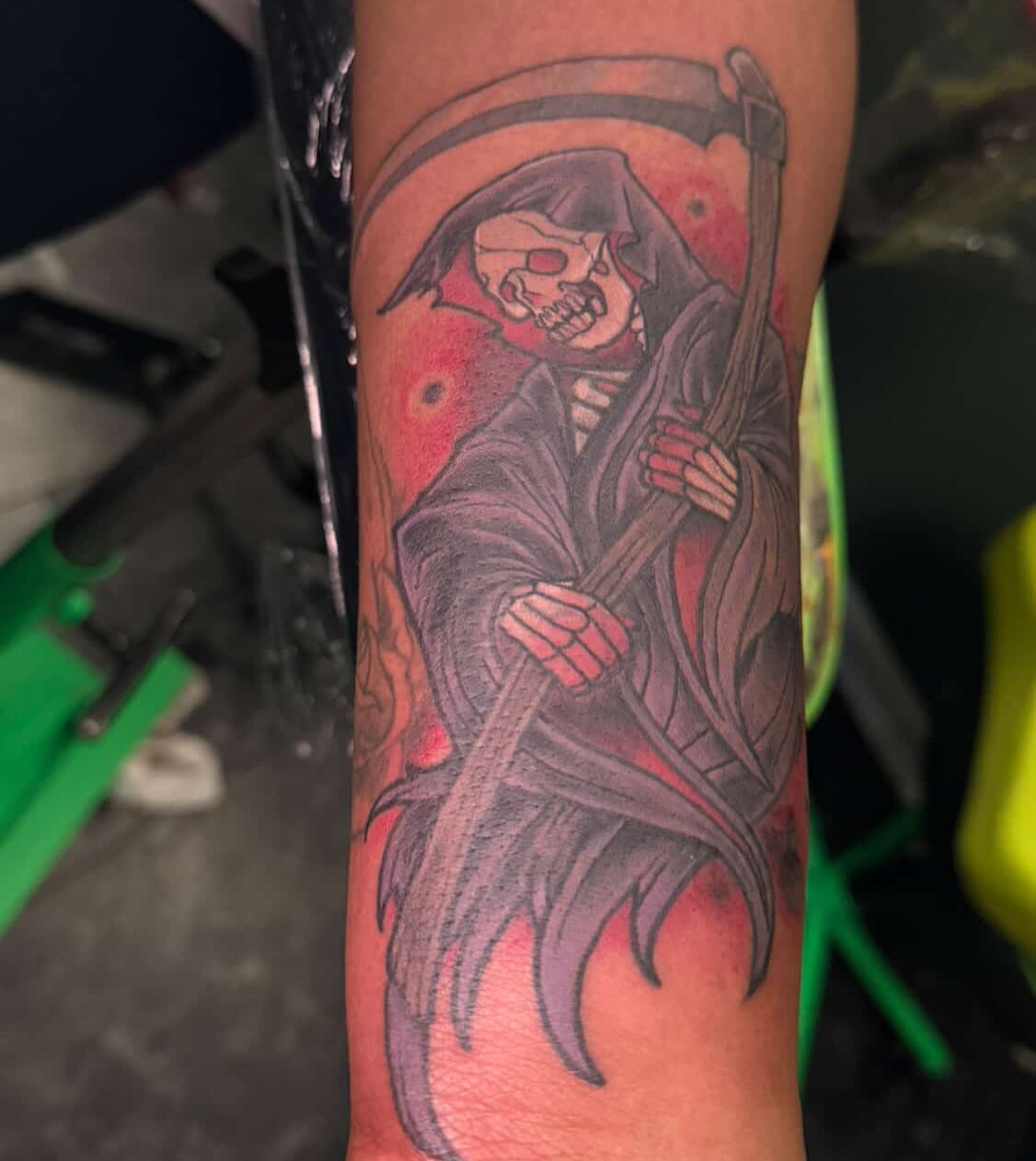 Grim reaper dark realism tattoo on the forearm by Kodi Green