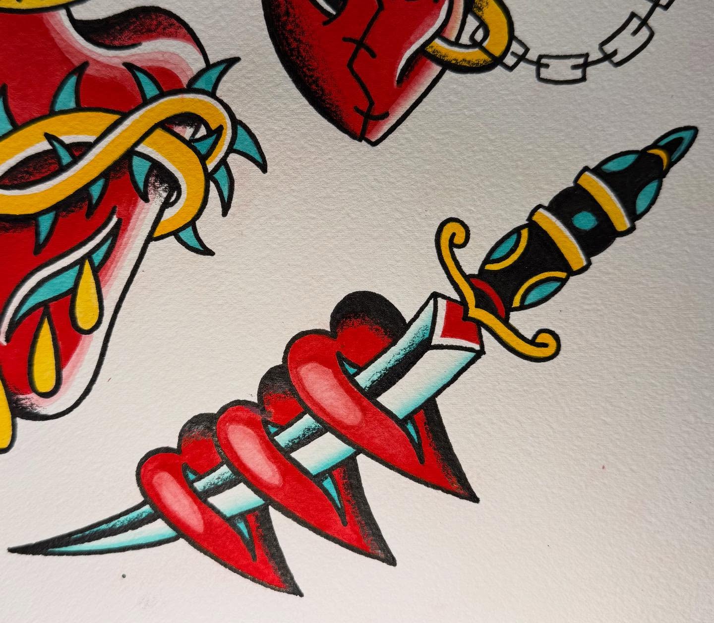Dagger and heart American traditional tattoo by Rigo Vargas
