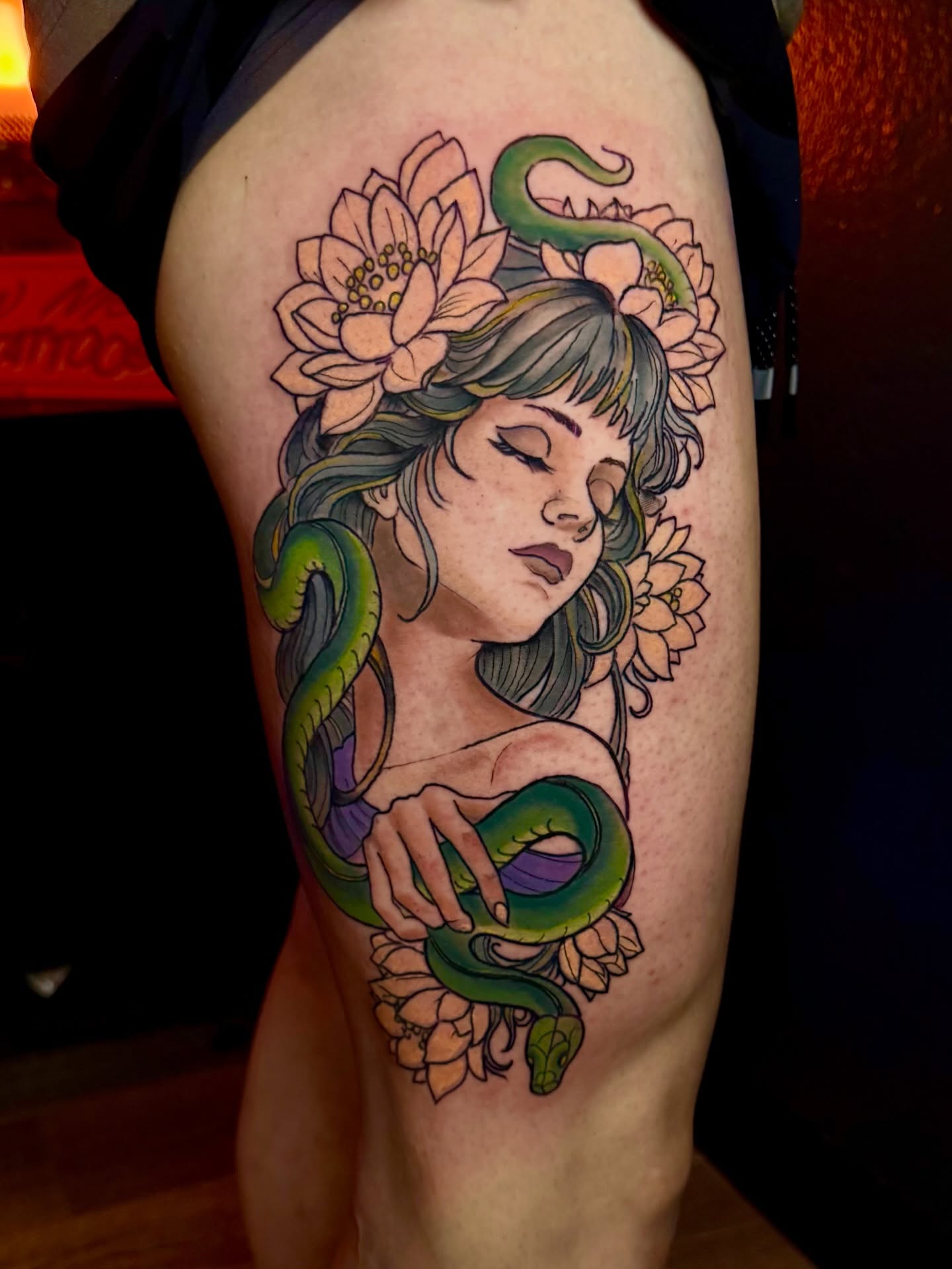 Woman with snake and flowers new school tattoo on the thigh by ๐๐ฌ๐ฐ๐ฅ ๐๐ฌ๐ฌ๐ซ