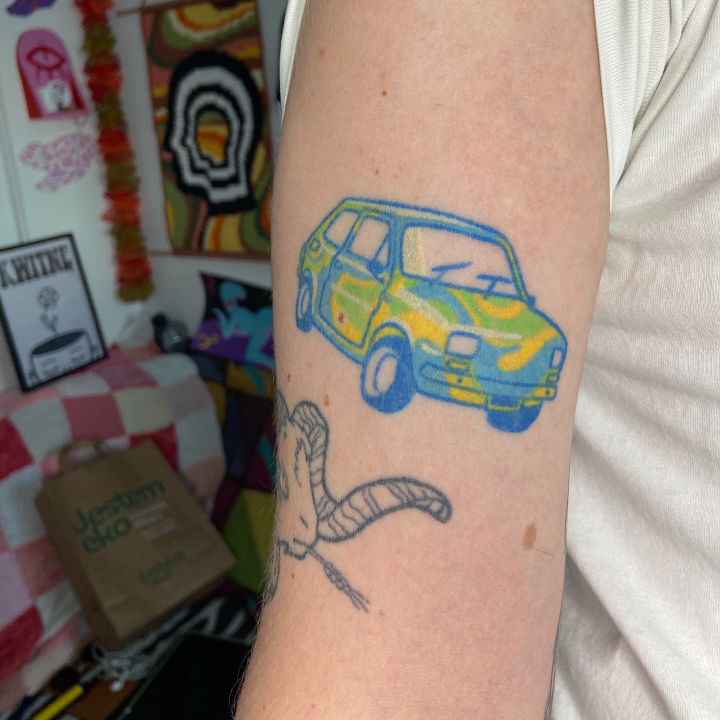 Car and snake dotwork tattoo on the forearm by Kasia ✨jedyny taki handpoke w katowicach✨