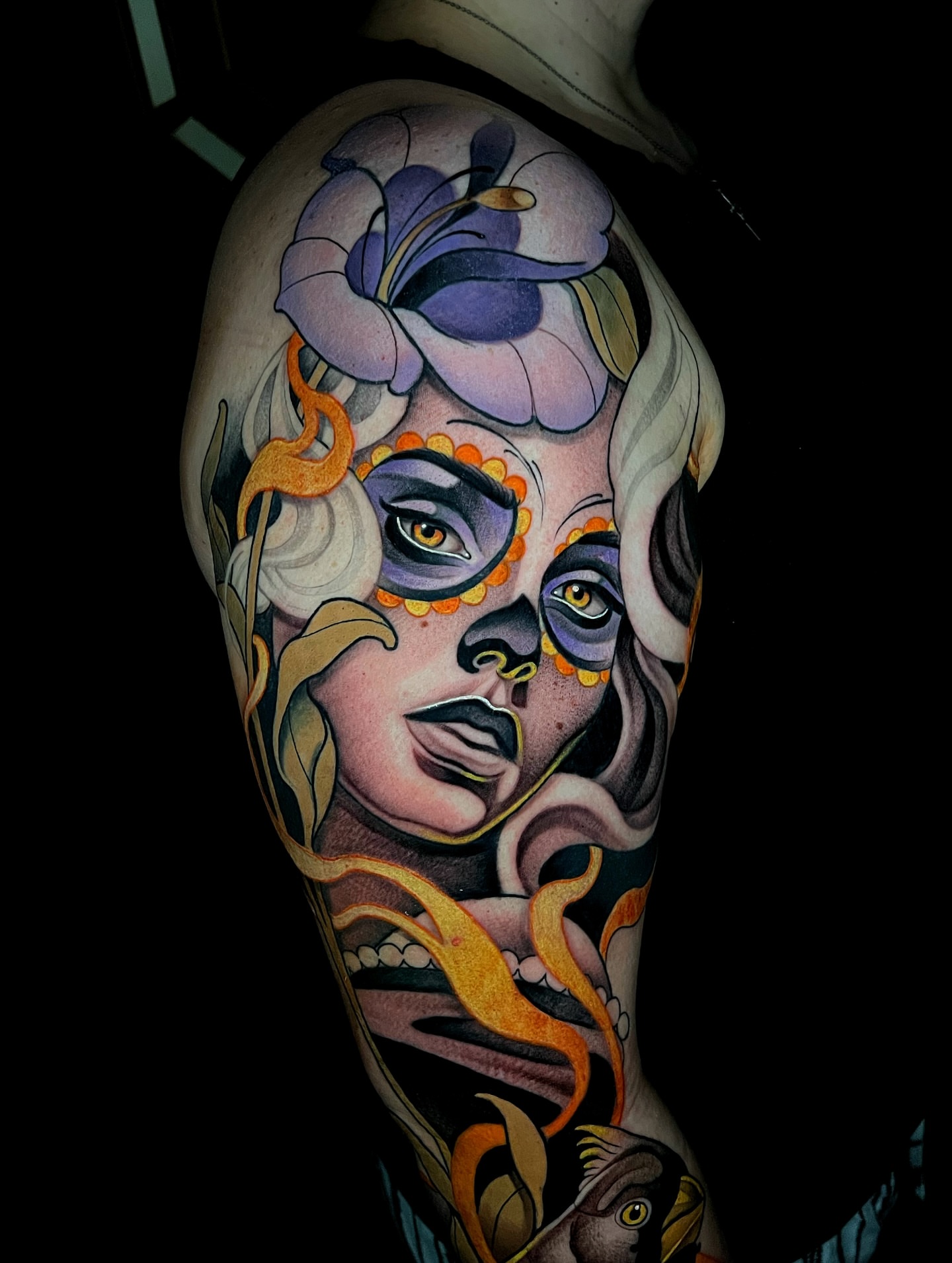 Woman with floral headdress American traditional tattoo on the shoulder by Skyler Miller
