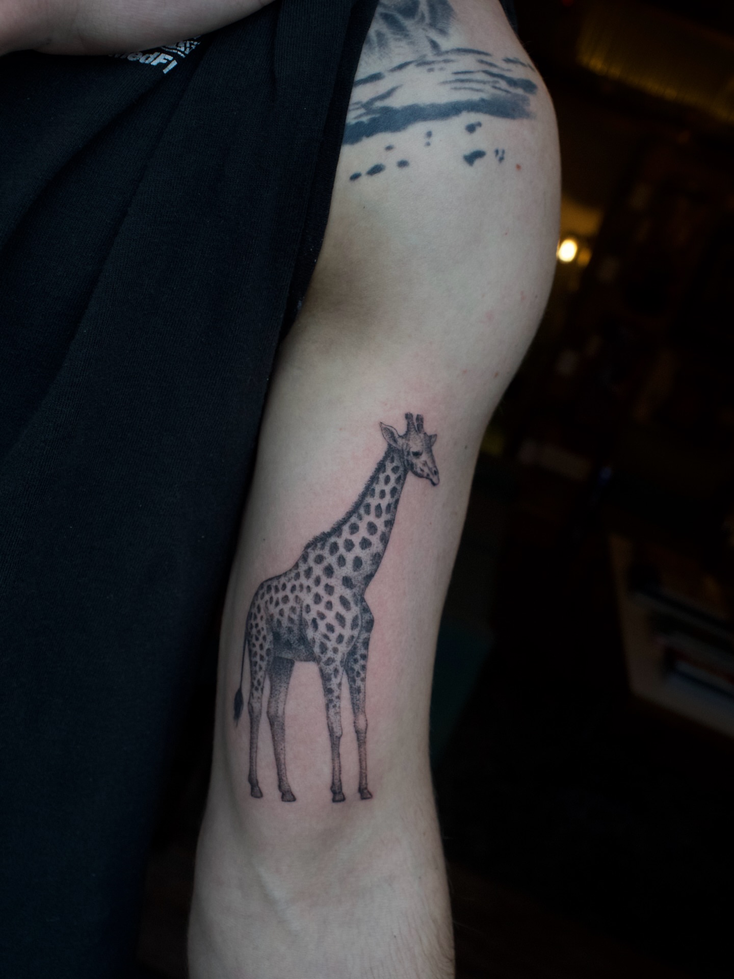 Giraffe realism tattoo on the forearm by Kevin Rotramel, Dayton, Ohio
