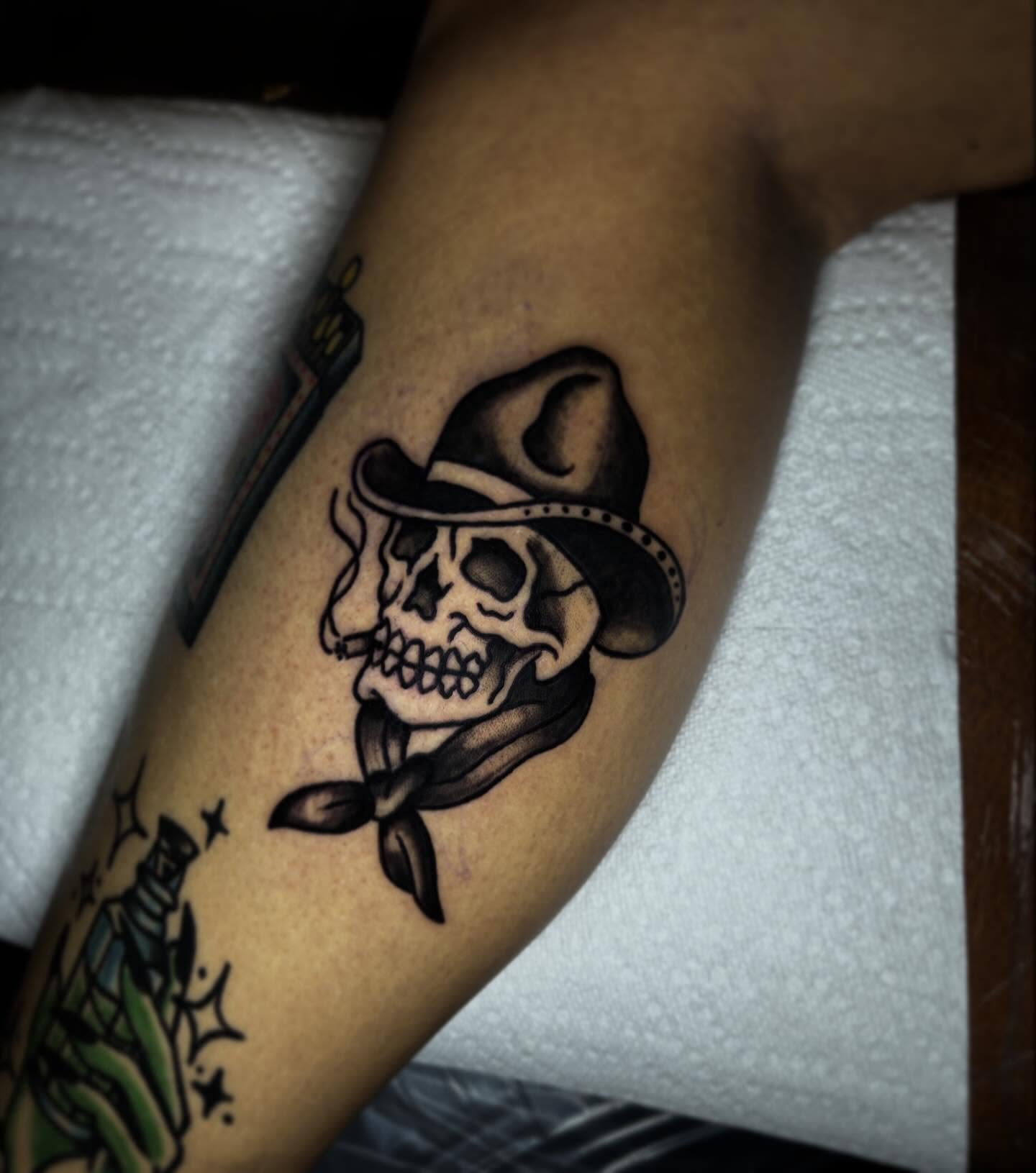 Cowboy skull American traditional tattoo on the forearm by Haley Byers