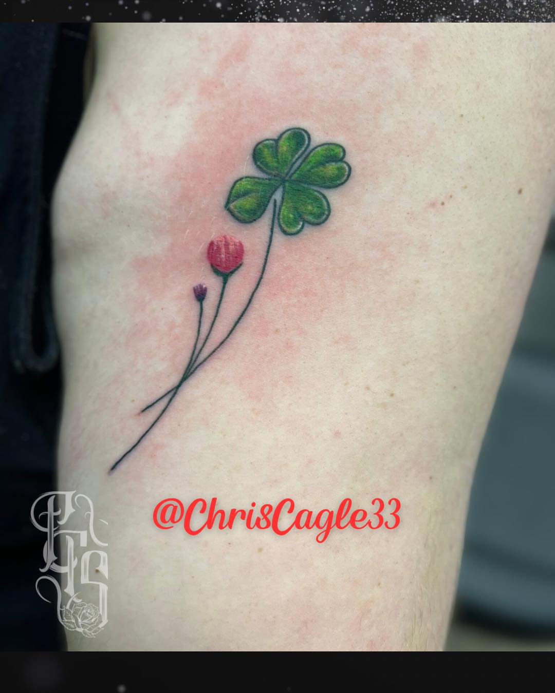 Clover and flower dotwork tattoo on the thigh by Faithful Tattoo Studio