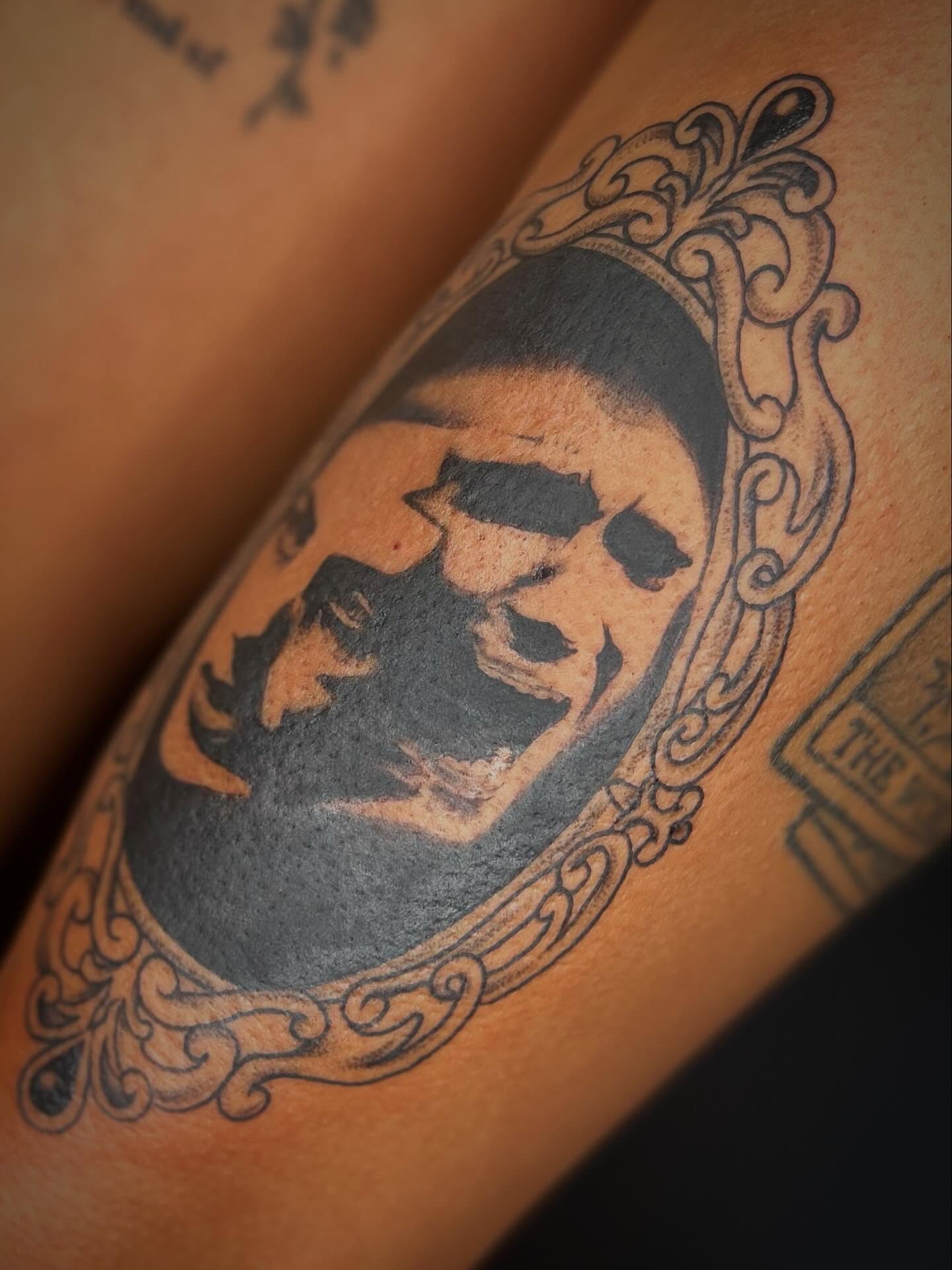 Portrait black and grey tattoo on the forearm by zoe? tattoo artist¿