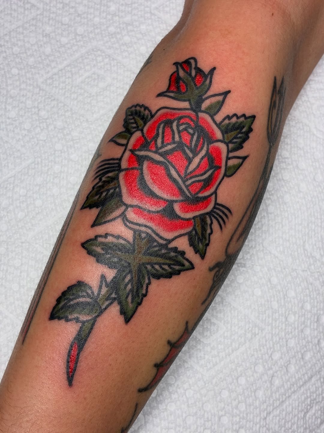 Rose neo-traditional tattoo on the forearm by Sav Robinson