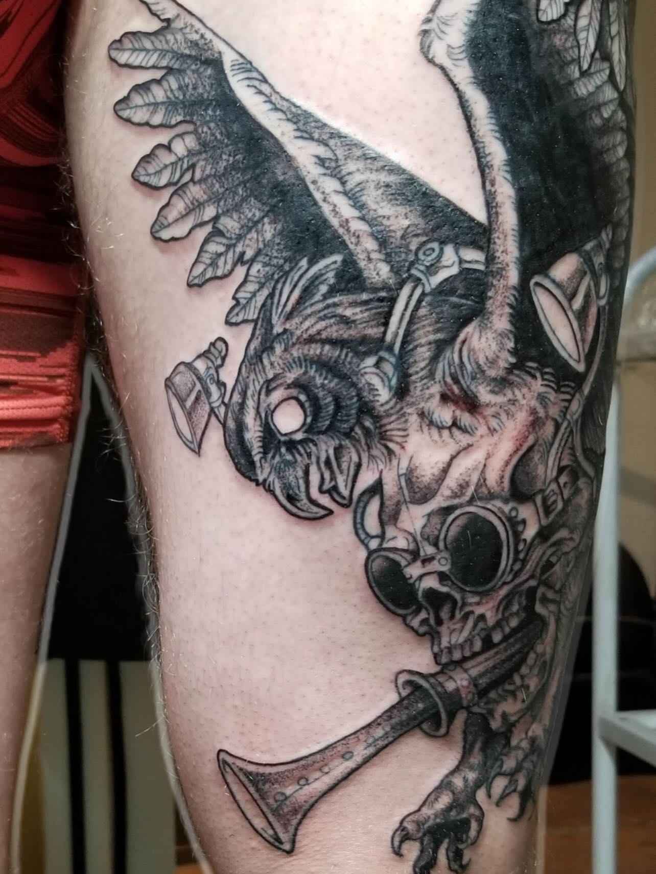 Skull and trumpet realism tattoo on the forearm by Jason Middelton