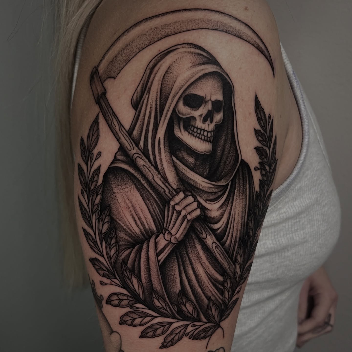 Grim reaper realism tattoo on the shoulder by Jordan Hunt