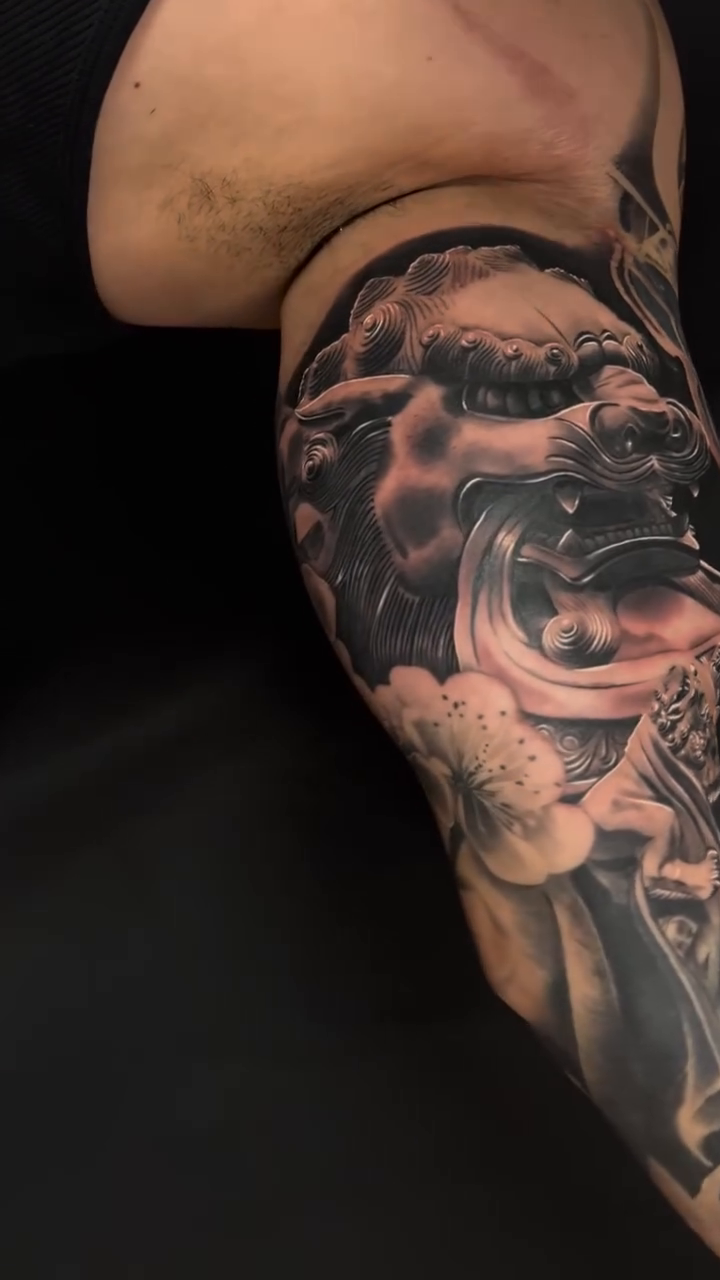 Lion and owl sleeve realism tattoo by Thomas Conard