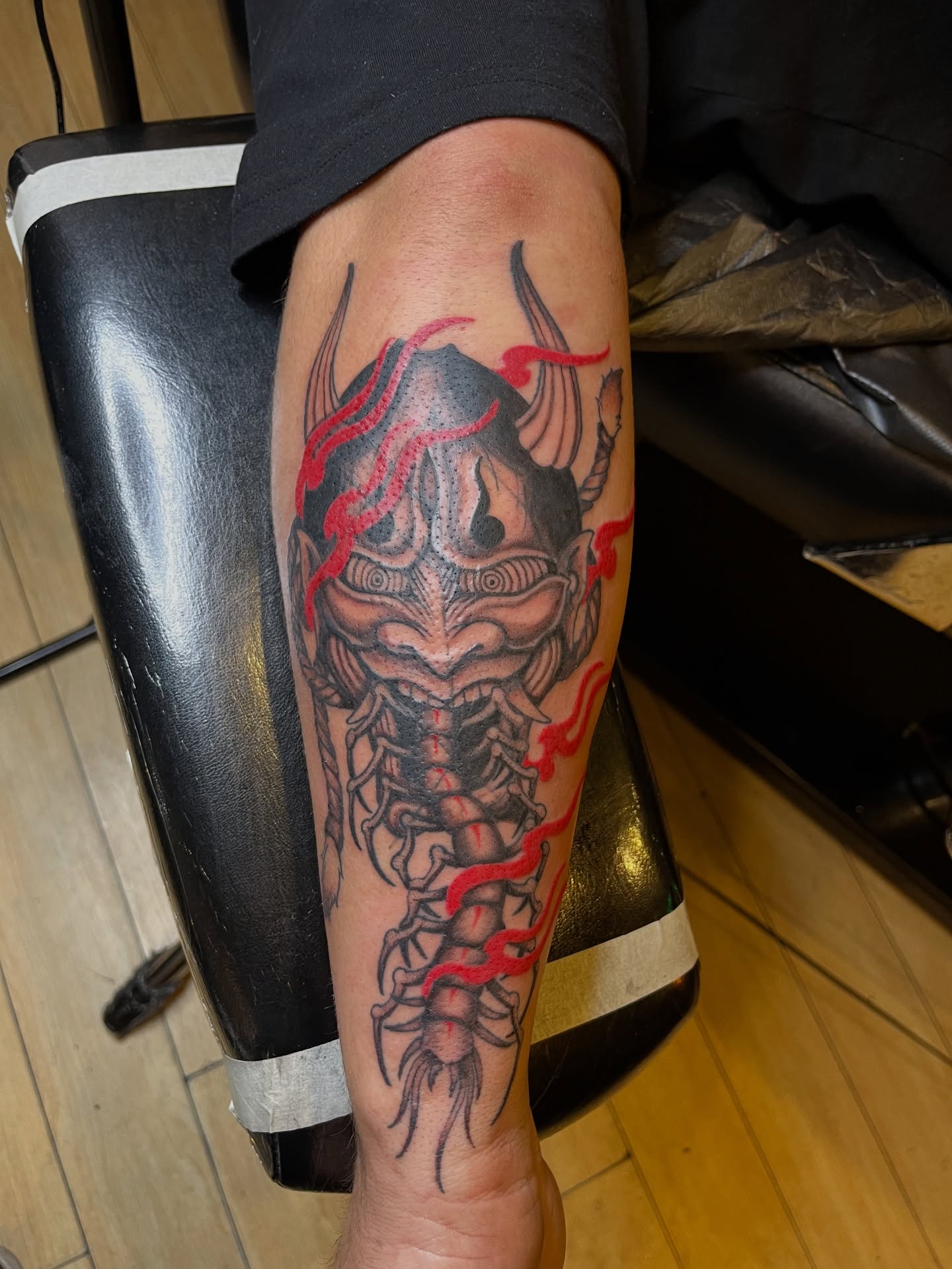 Demon mask japanese irezumi tattoo on the forearm by Winston Thai