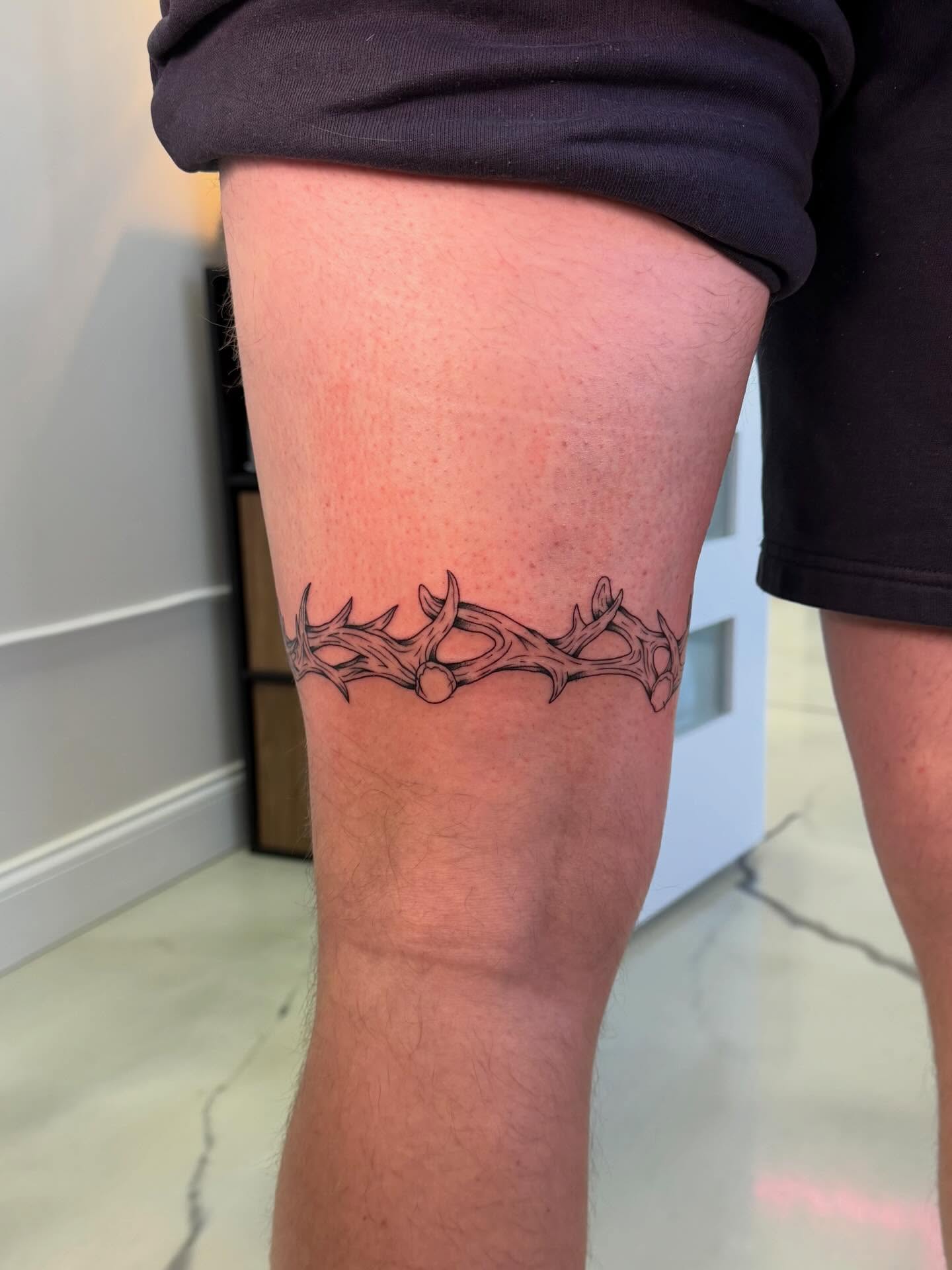 Antlers black and grey tattoo on the thigh by haylie