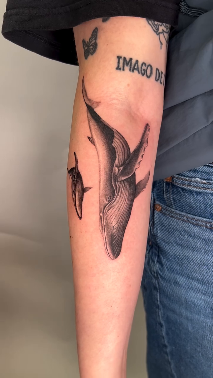 Whale and calf realism tattoo by Longtea