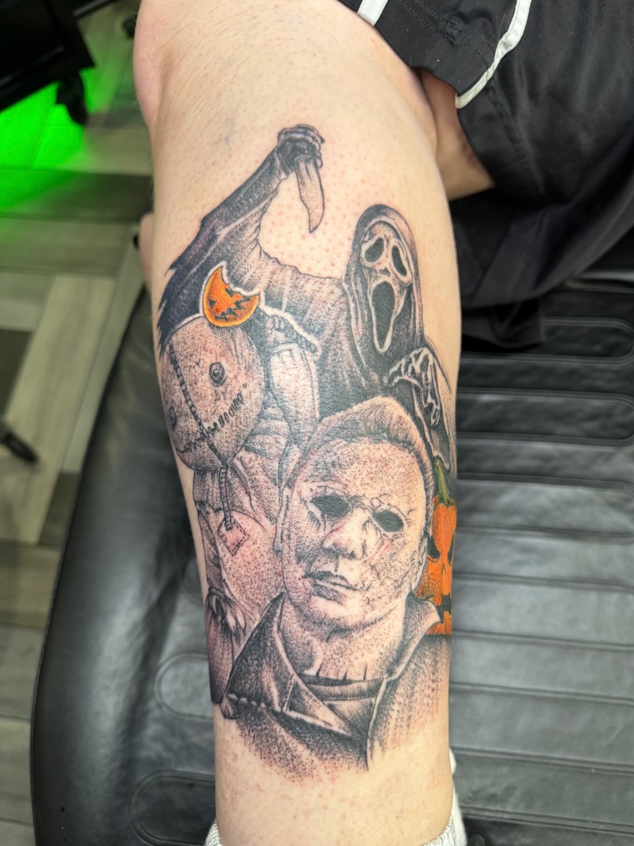 Horror movie characters dotwork tattoo on the forearm by Dave Potavin, Erlanger, Kentucky