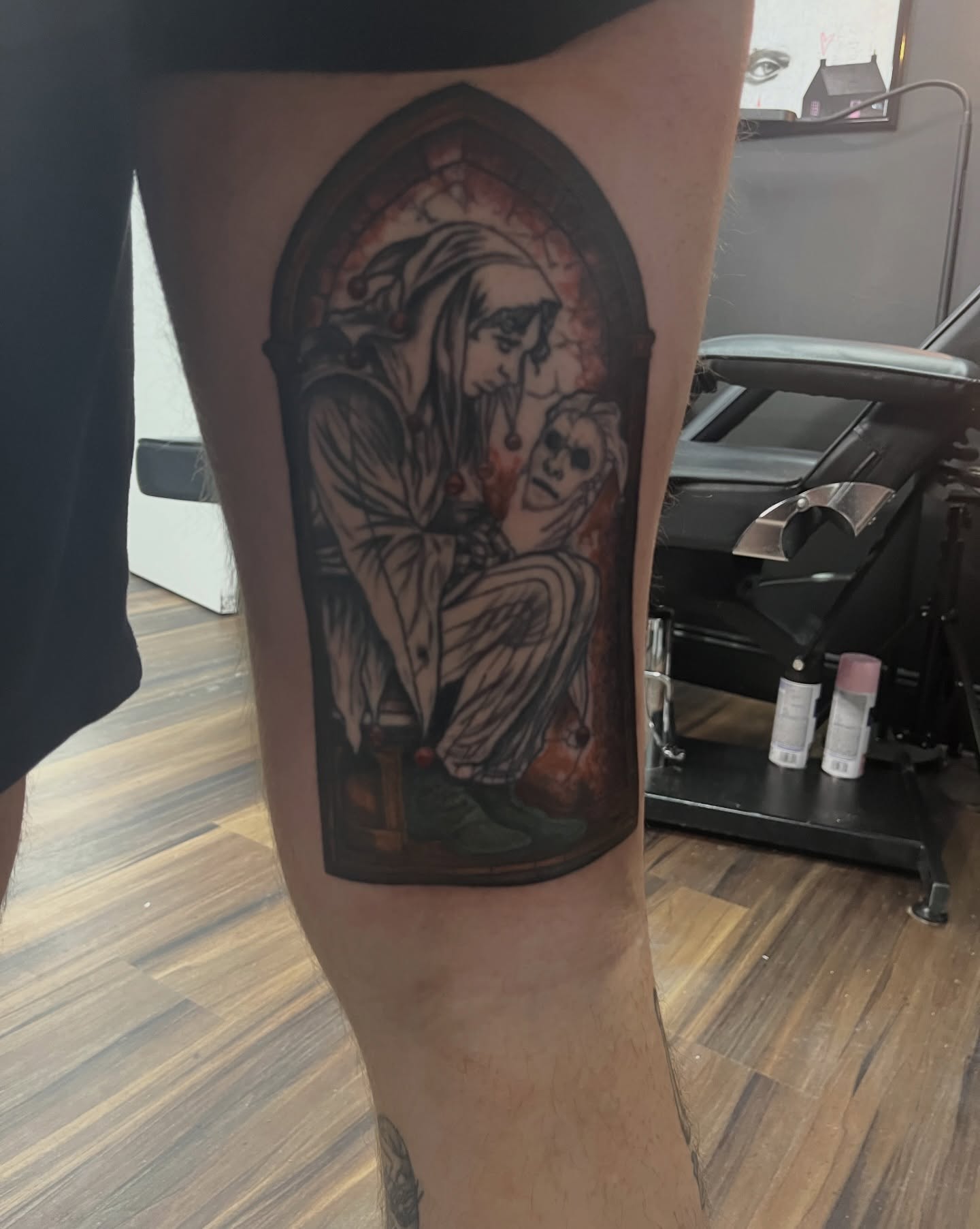 Religious scene dark realism tattoo on the thigh by Ryan Hindenach