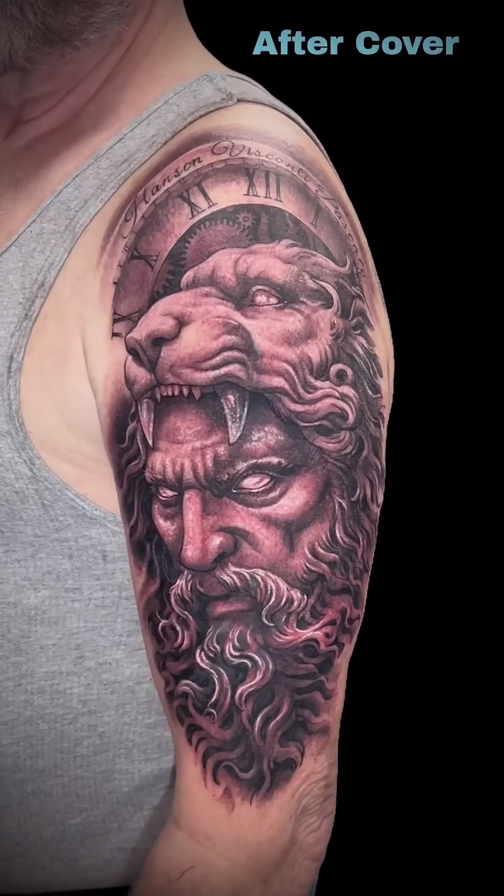 Man with lion helmet realism tattoo by Daniel Fisher, Berlin, New Jersey