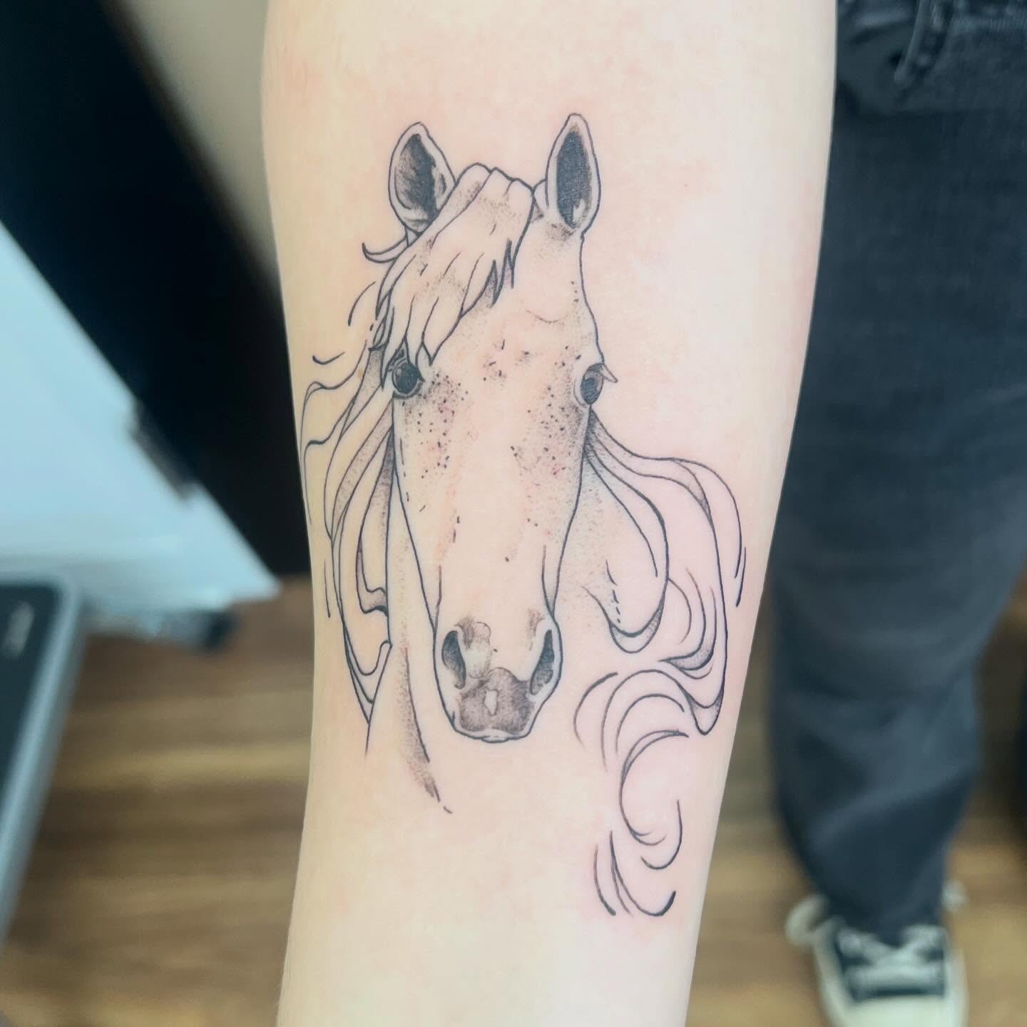 Horse head dotwork tattoo on the forearm by 🍄‍🟫🍄Moth🍄🍄‍🟫