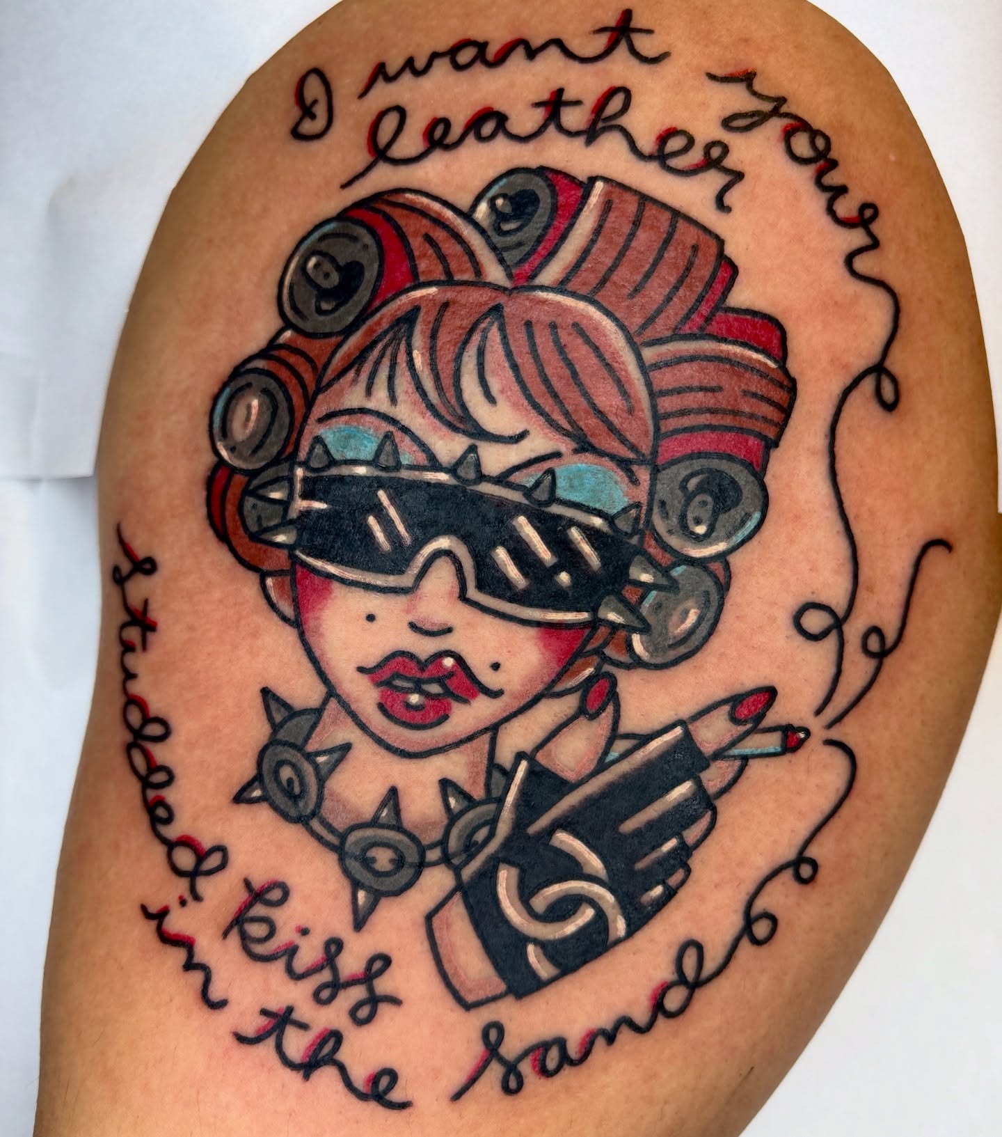 Cyborg woman new school tattoo on the upper arm by Bella