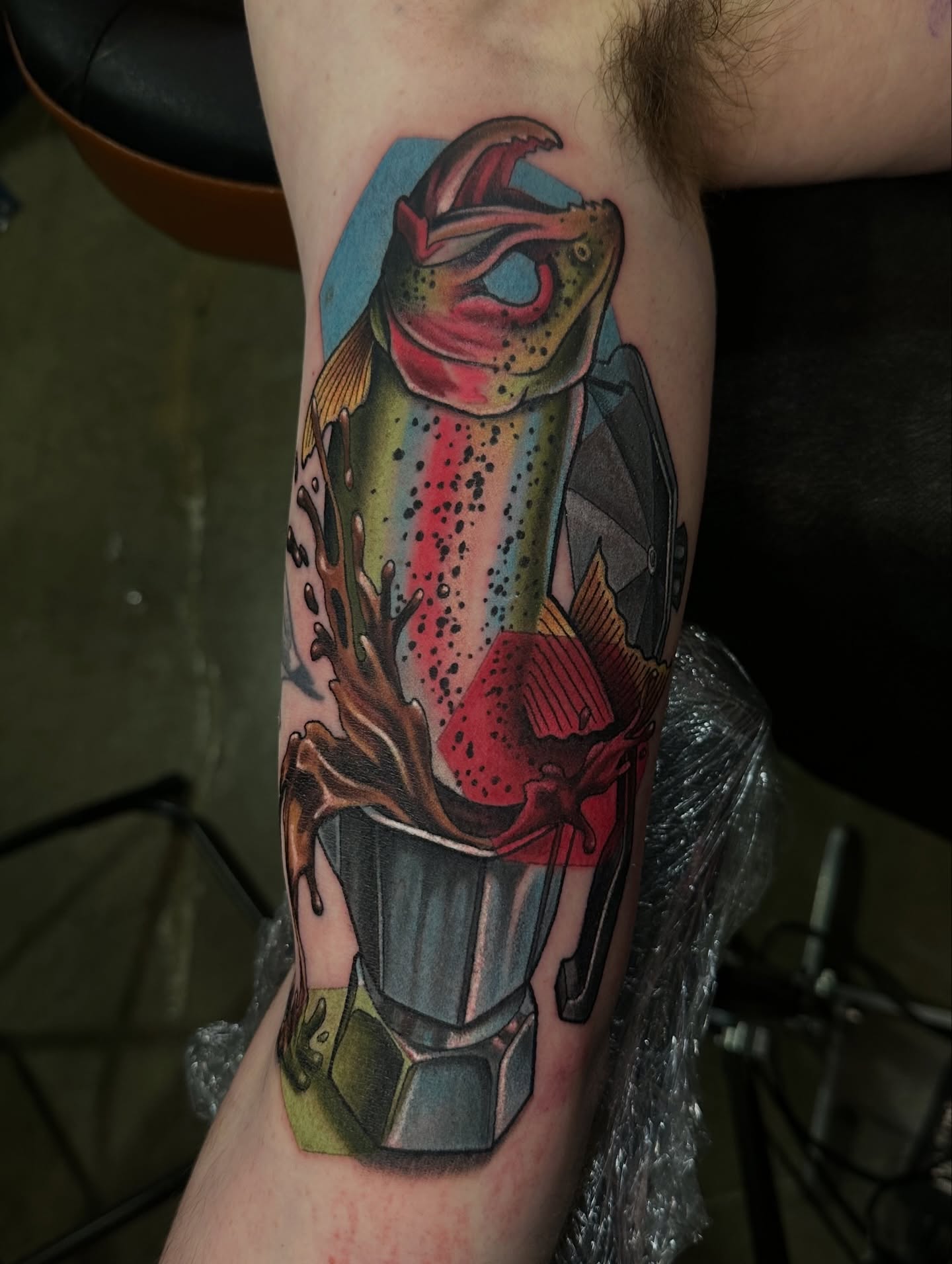 Rainbow trout American traditional tattoo on the forearm by Trevor Burtz