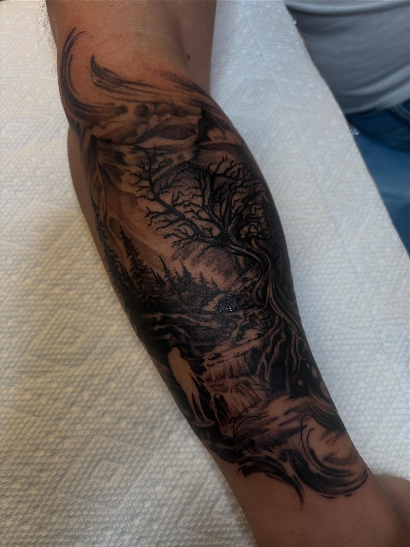 Forest landscape realism tattoo on the forearm by š¤Madeline Kristenš¤, Somerset, Wisconsin