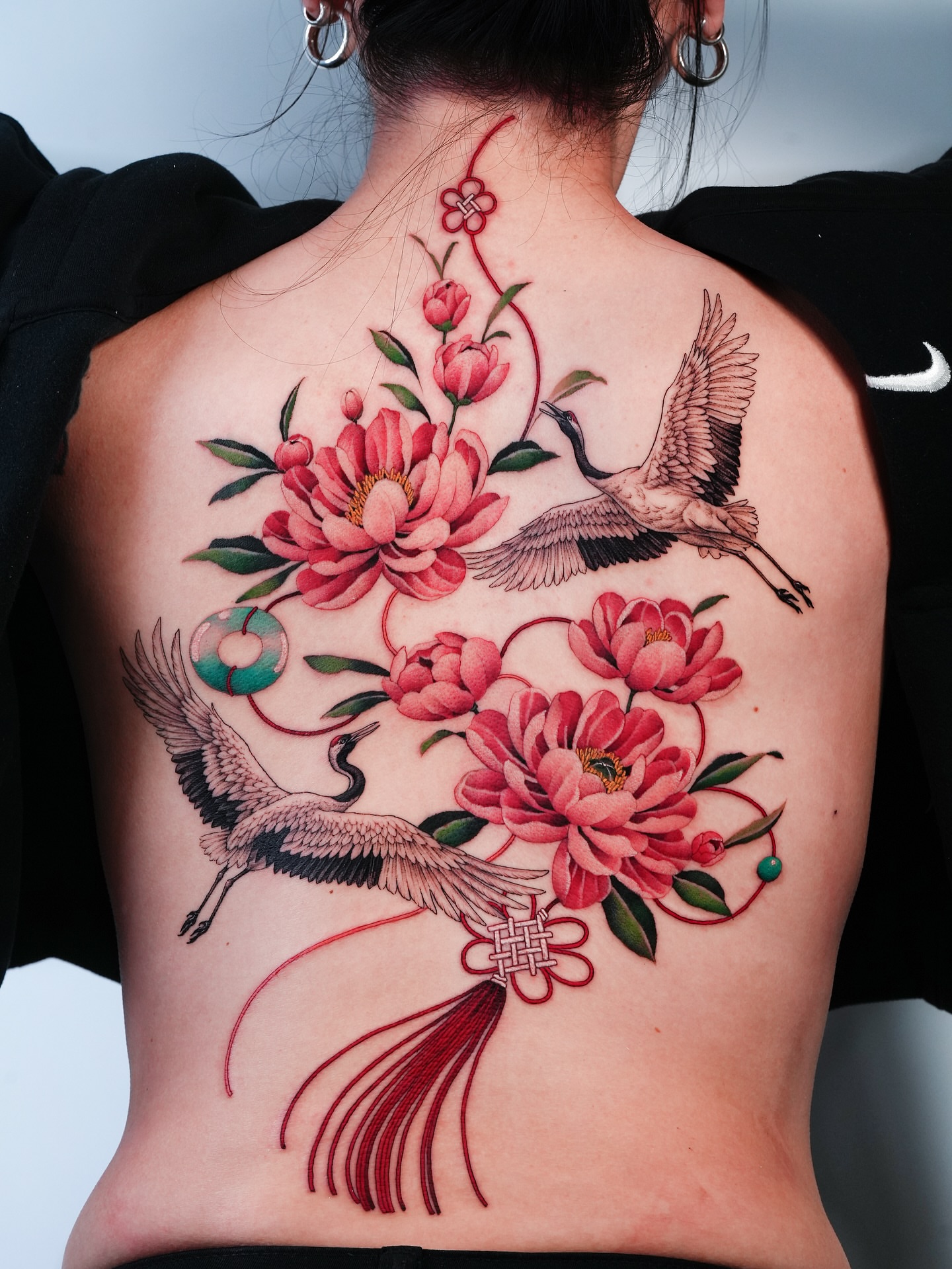 Peonies and cranes neo-traditional tattoo on the back by Intat