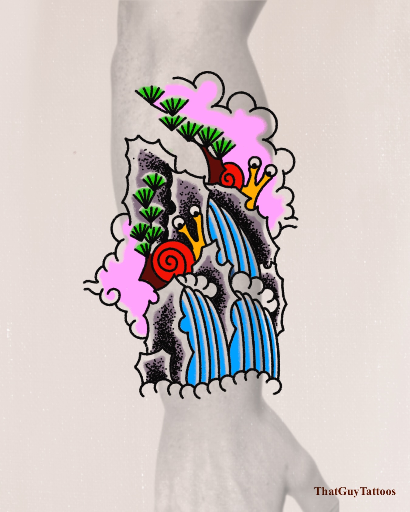 Snail and waterfall American traditional tattoo on the forearm by Gabriel F Kingston Beitia