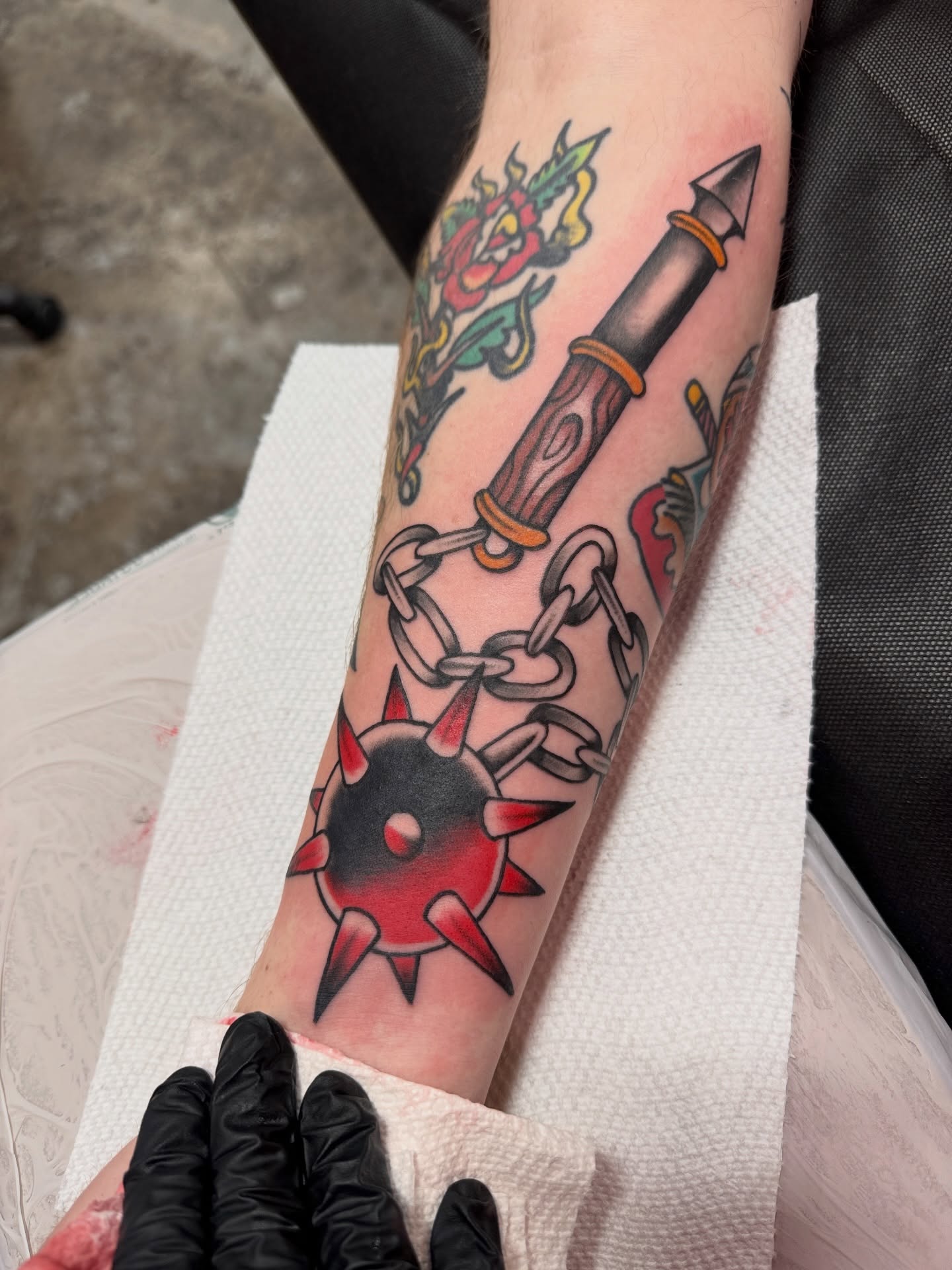 Sword and chain American traditional tattoo on the forearm by Tannis - Traditional Tattoos in Richmond, VA, Richmond, Virginia
